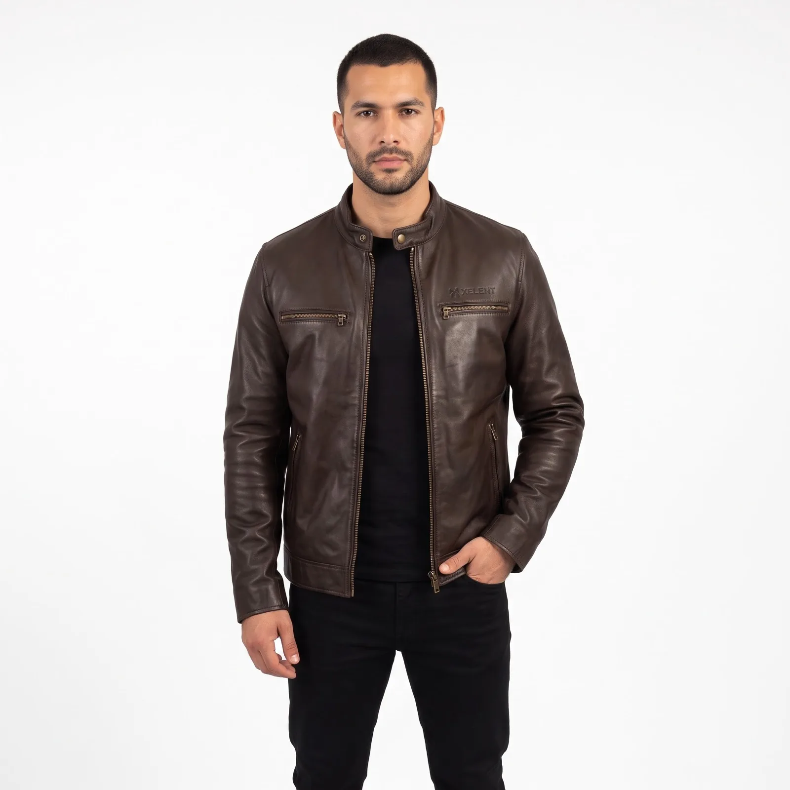 Cafe Racer Leather Jacket Men Cowhide Band Collar Quilted Lining Genuine Leather Jacket Custom Logo OEM — front view