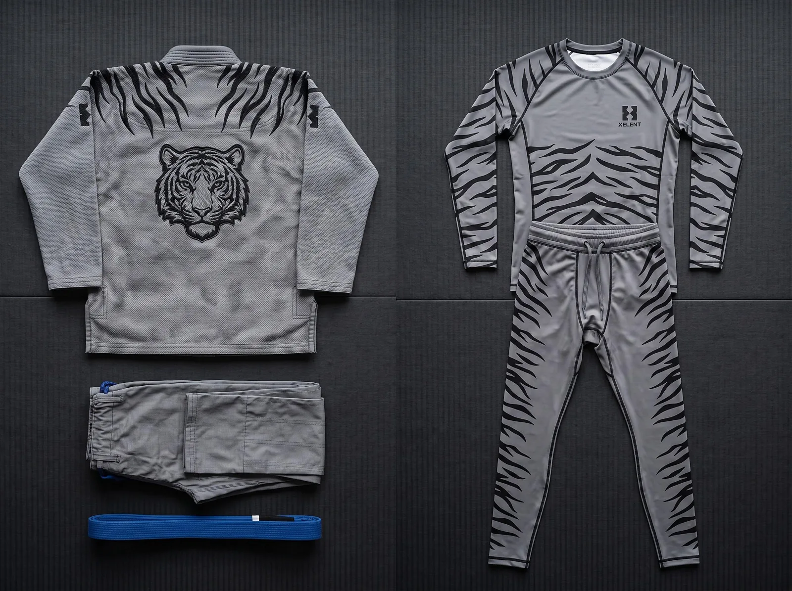 Grey Tiger BJJ Gi and No Gi Set, Custom OEM Embroidered Gi plus Sublimated Rashguard and Spats, Wholesale — front view