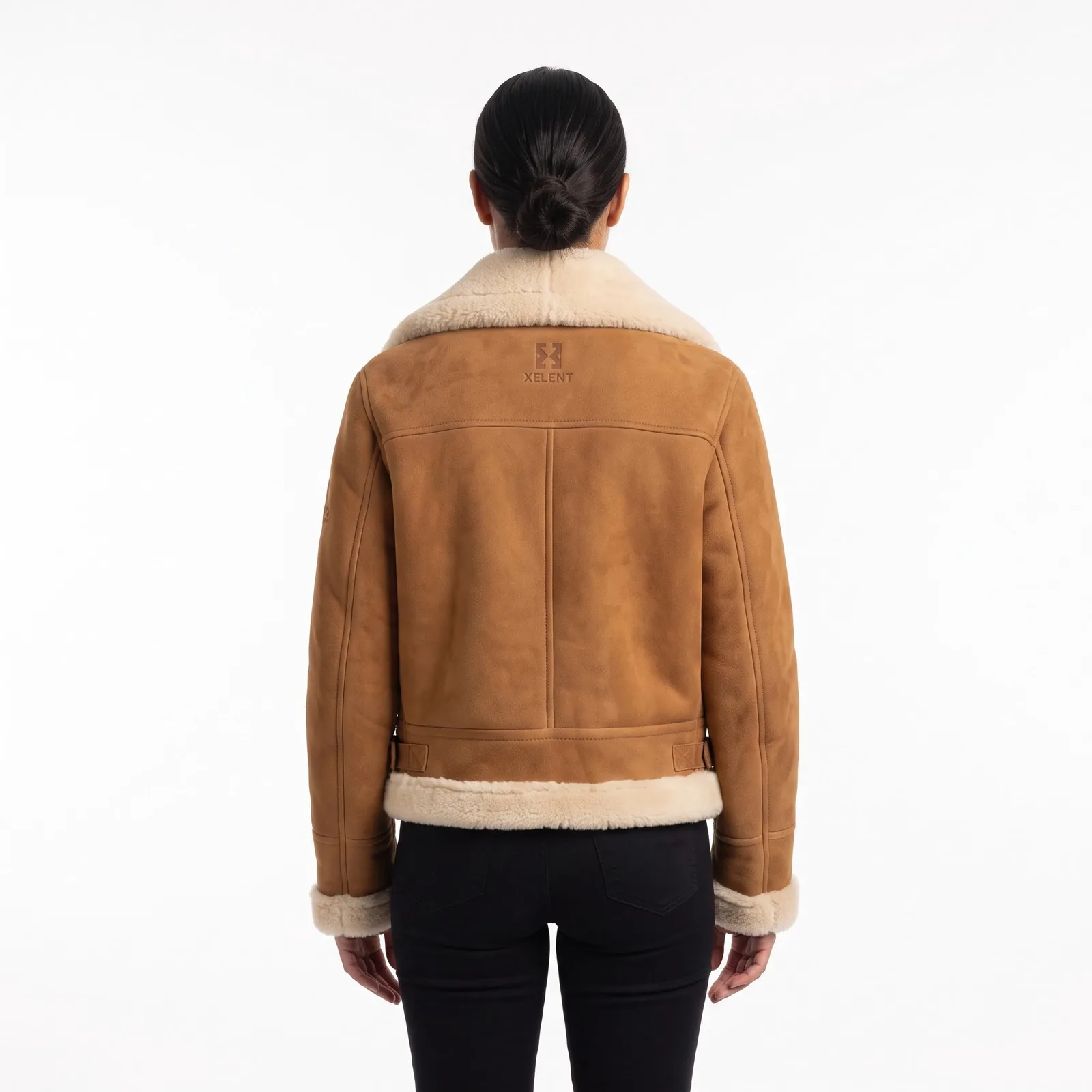 Women Shearling Leather Jacket Cropped Aviator Genuine Sheepskin Oversized Collar Custom Logo OEM Wholesale — back view