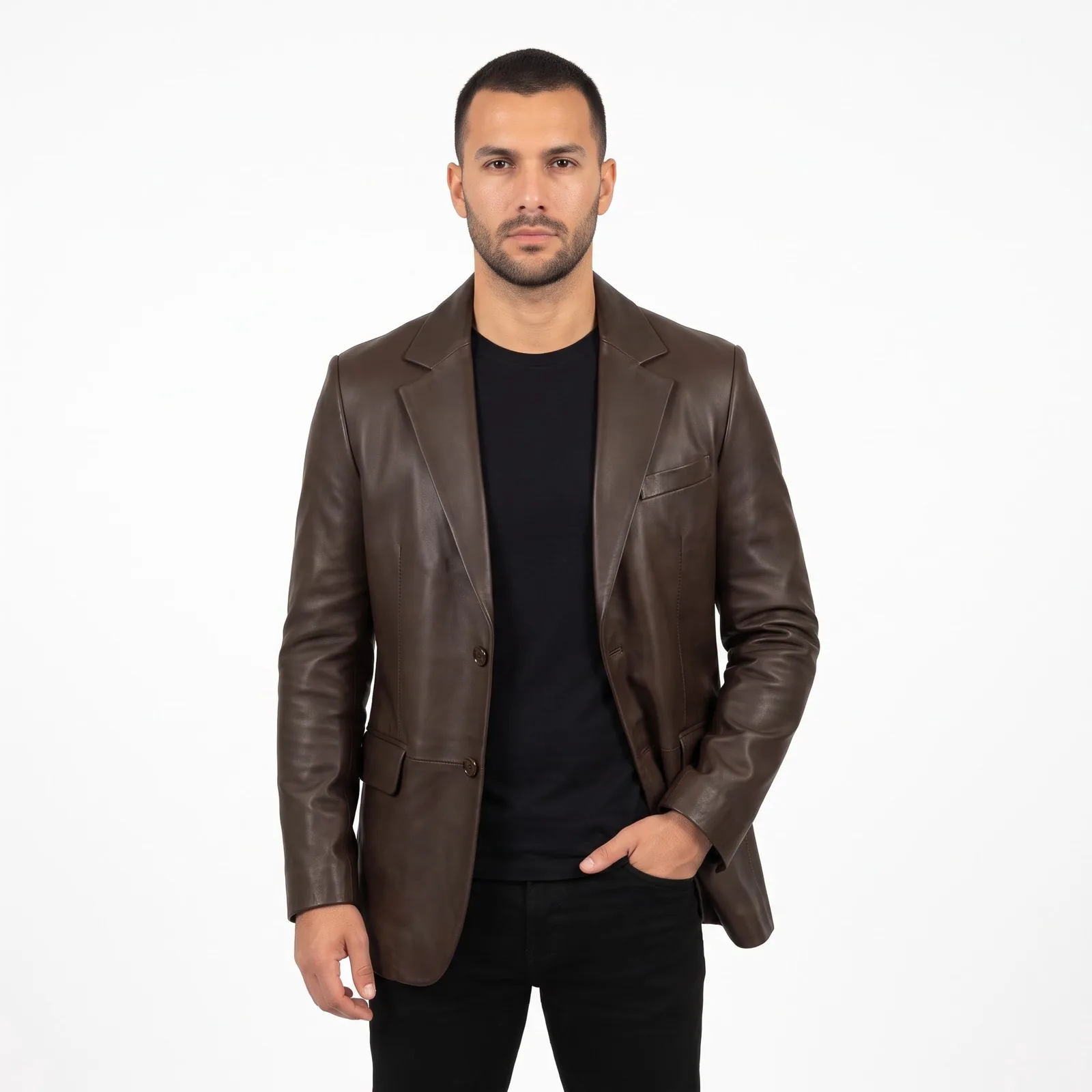 Men Leather Blazer Genuine Lambskin Single Breasted Notched Lapel Tailored Leather Jacket Custom Logo OEM — front view
