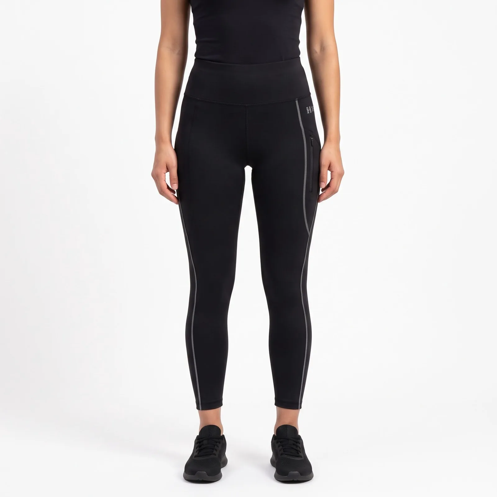 Women's Zip-Pocket Reflective Running Tights Nylon Spandex Zip Pockets Reflective Custom Logo OEM Wholesale — front view