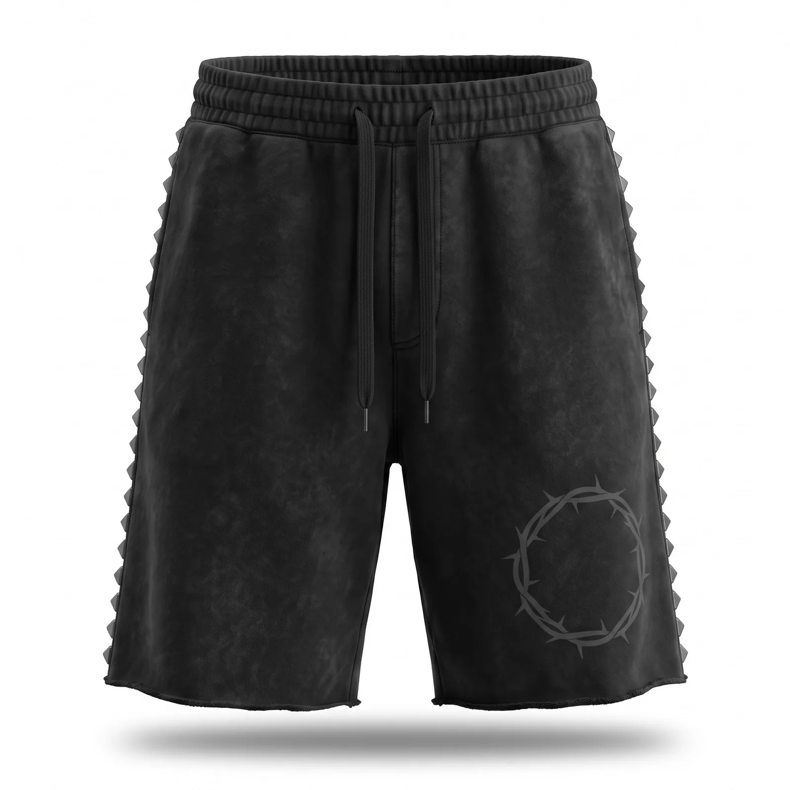 Custom Studded Fleece Shorts 400 GSM Mineral Wash Pyramid Stud Side Seam Raw Hem Streetwear OEM Wholesale — front view