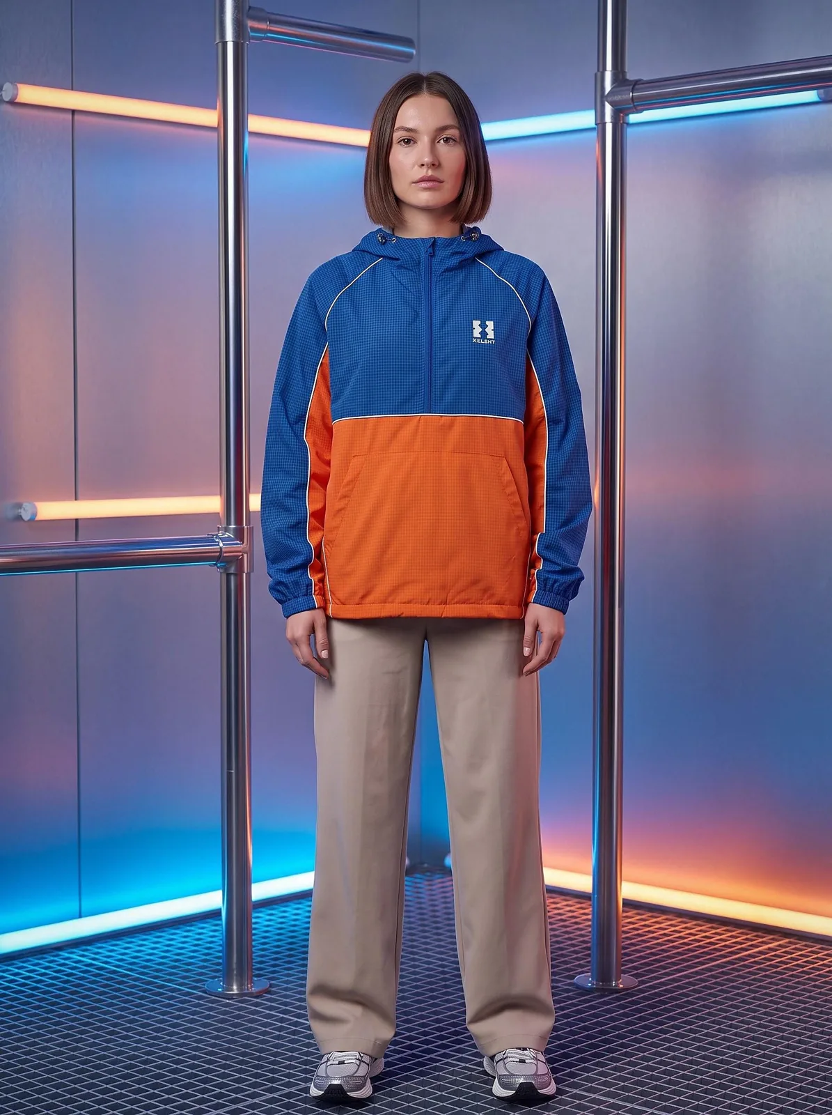 Royal Blue and Blaze Orange Bubble Hem Anorak, Half Zip Windbreaker, Y2K Jacket, Custom Logo OEM Ripstop Anorak — front view