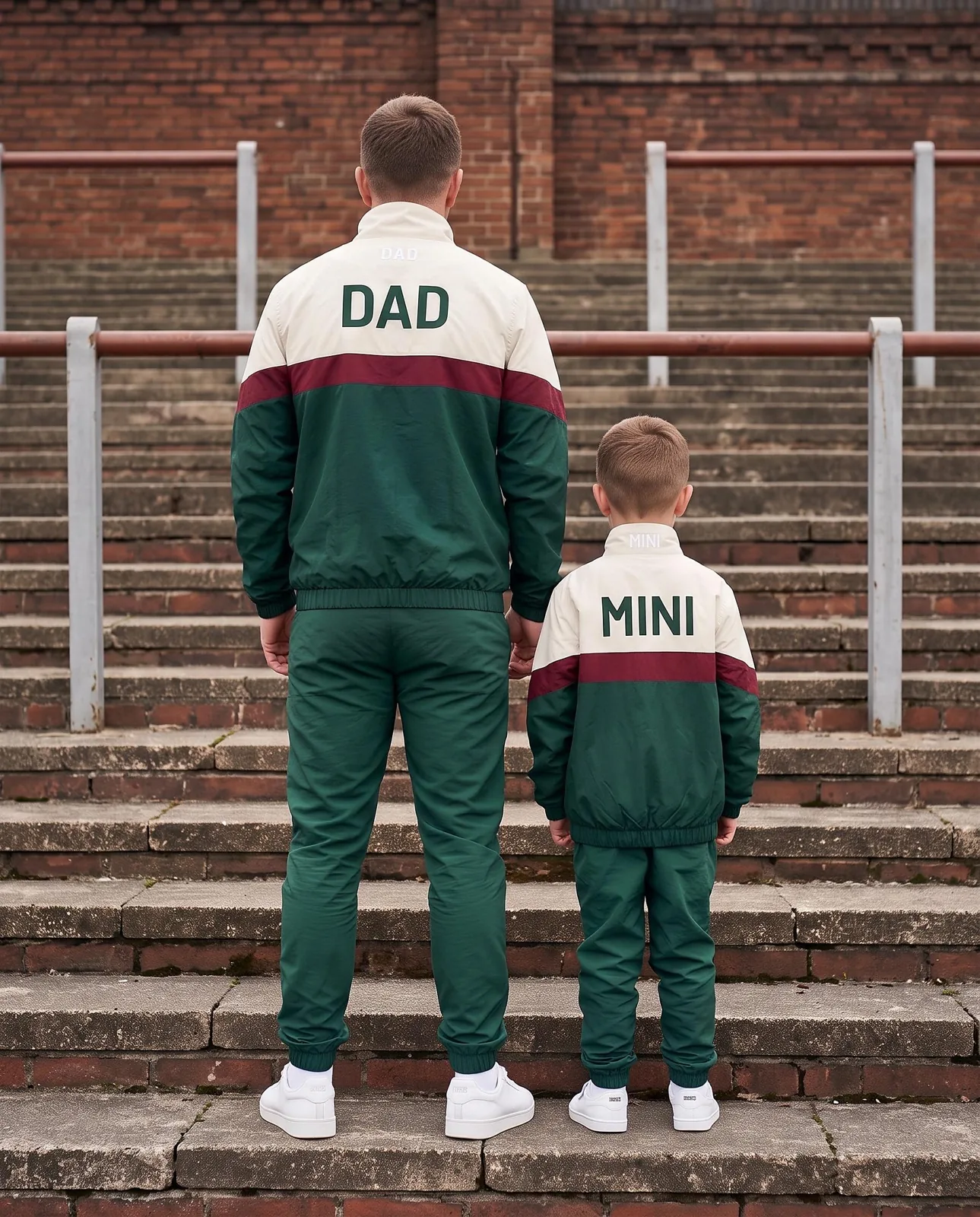 Green and Cream Father Son Matching Windbreaker Set, Custom OEM Family Matching Tracksuit, Wholesale Manufacturer — back view