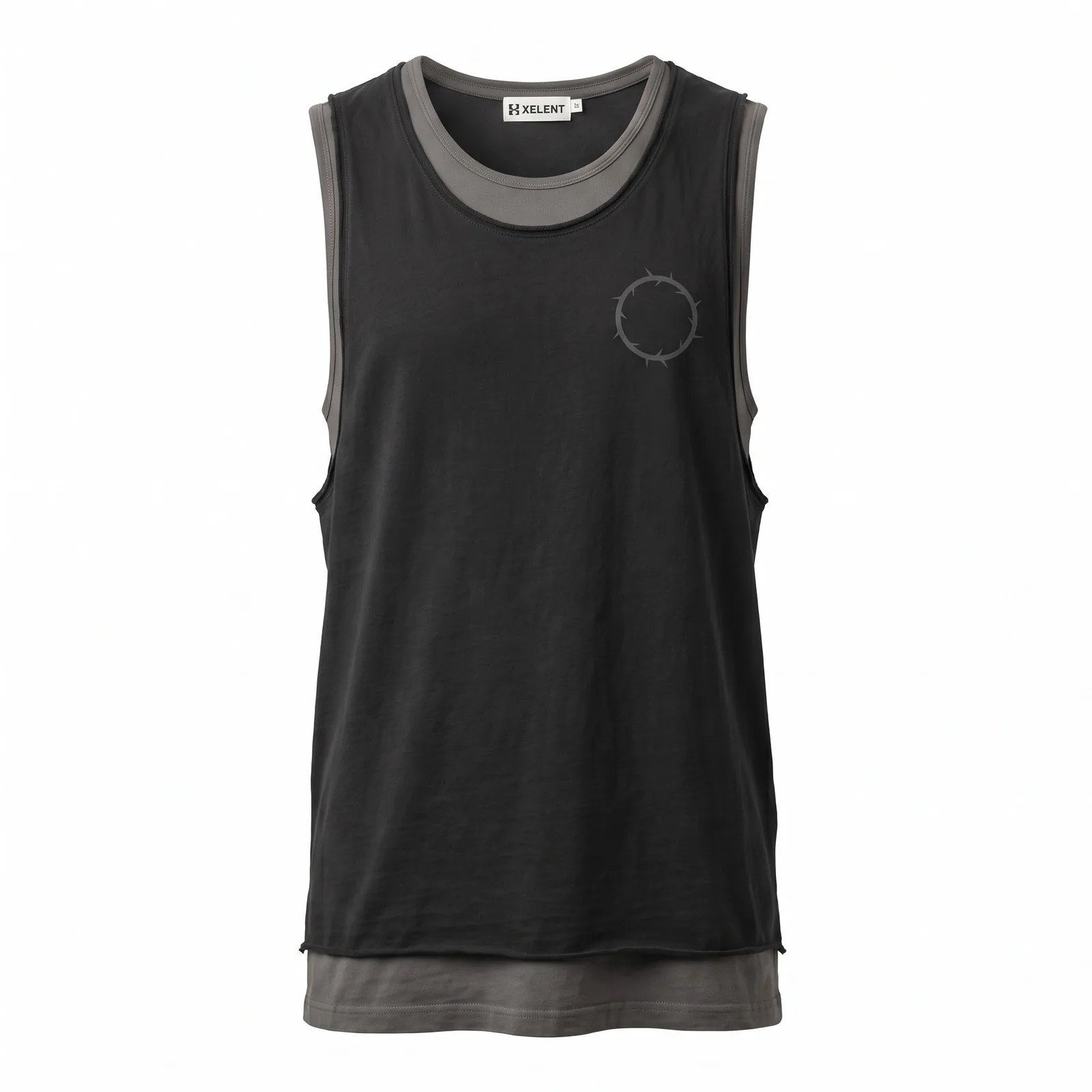 Custom Layered Double Tank Top Raw Edge Washed Cotton Two Layer Black Streetwear Vest OEM Wholesale — front view