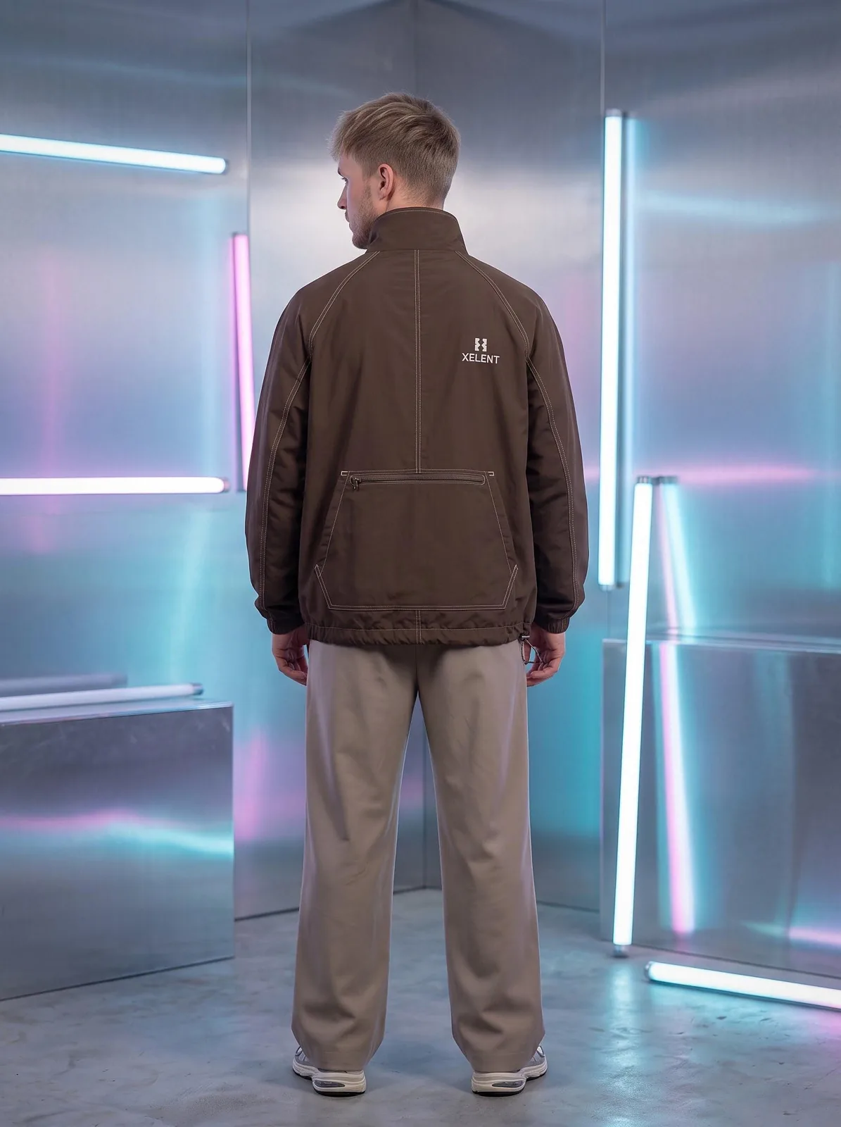 Espresso Brown and Sand Funnel Neck Anorak, Custom Logo OEM Ripstop Anorak, Unisex Streetwear Factory — back view