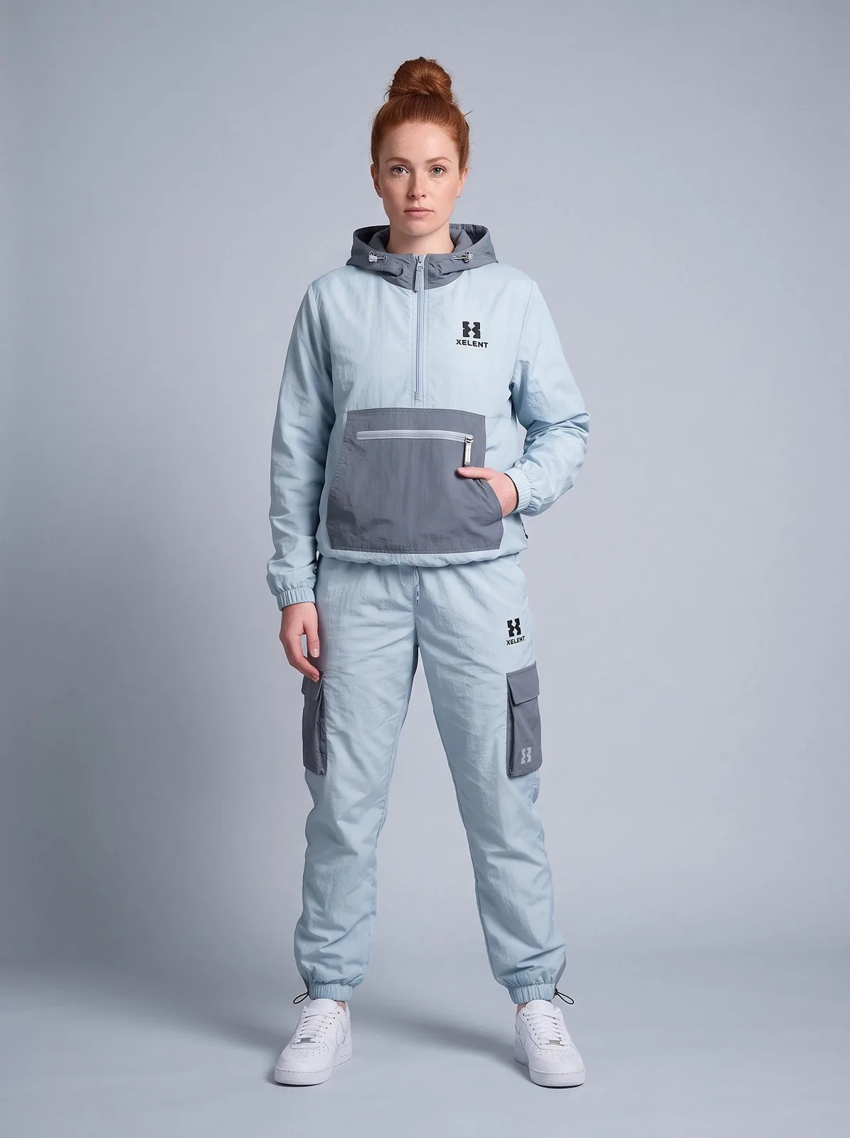 Ice Blue Windbreaker Set, Custom Logo OEM Nylon Jacket and Pants Tracksuit, Unisex Manufacturer — front view