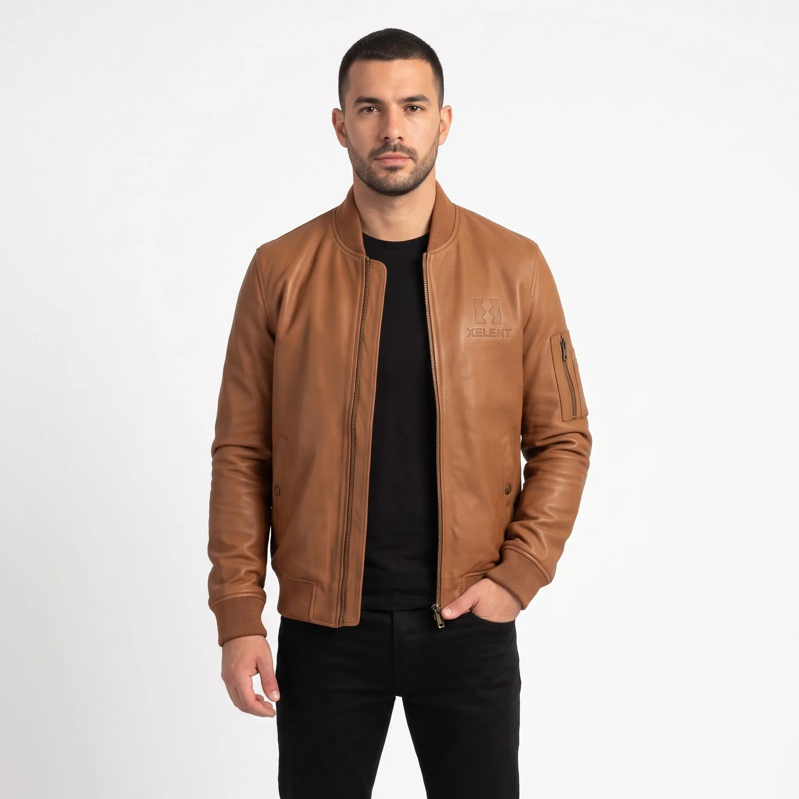 Leather Bomber Jacket Men Slim Lambskin Rib Collar Quilted Lining Genuine Leather Flight Jacket Custom Logo OEM — front view