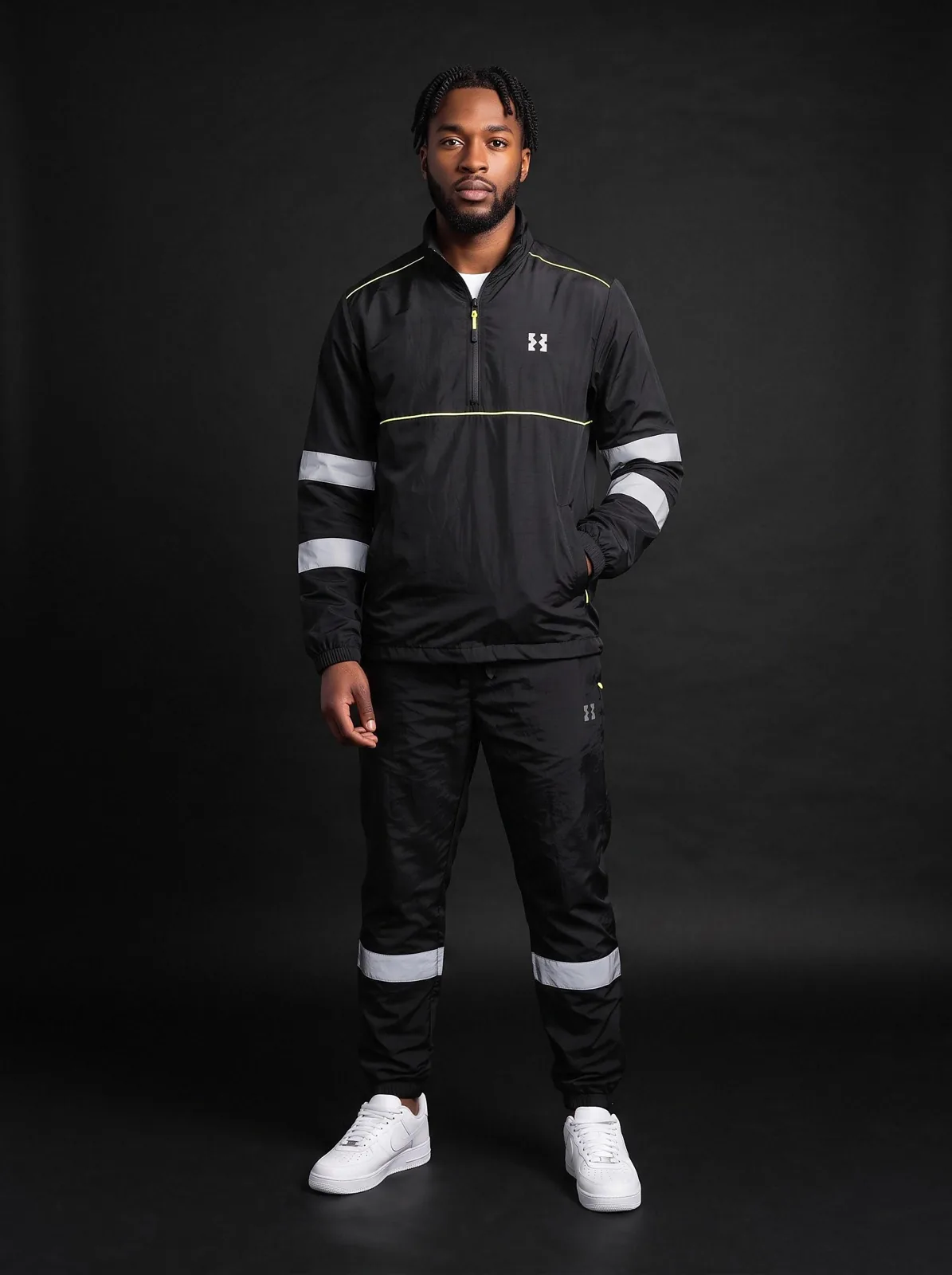 Black and Lime Windbreaker Set, Custom Logo OEM Nylon Jacket and Pants Tracksuit, Unisex Manufacturer — front view