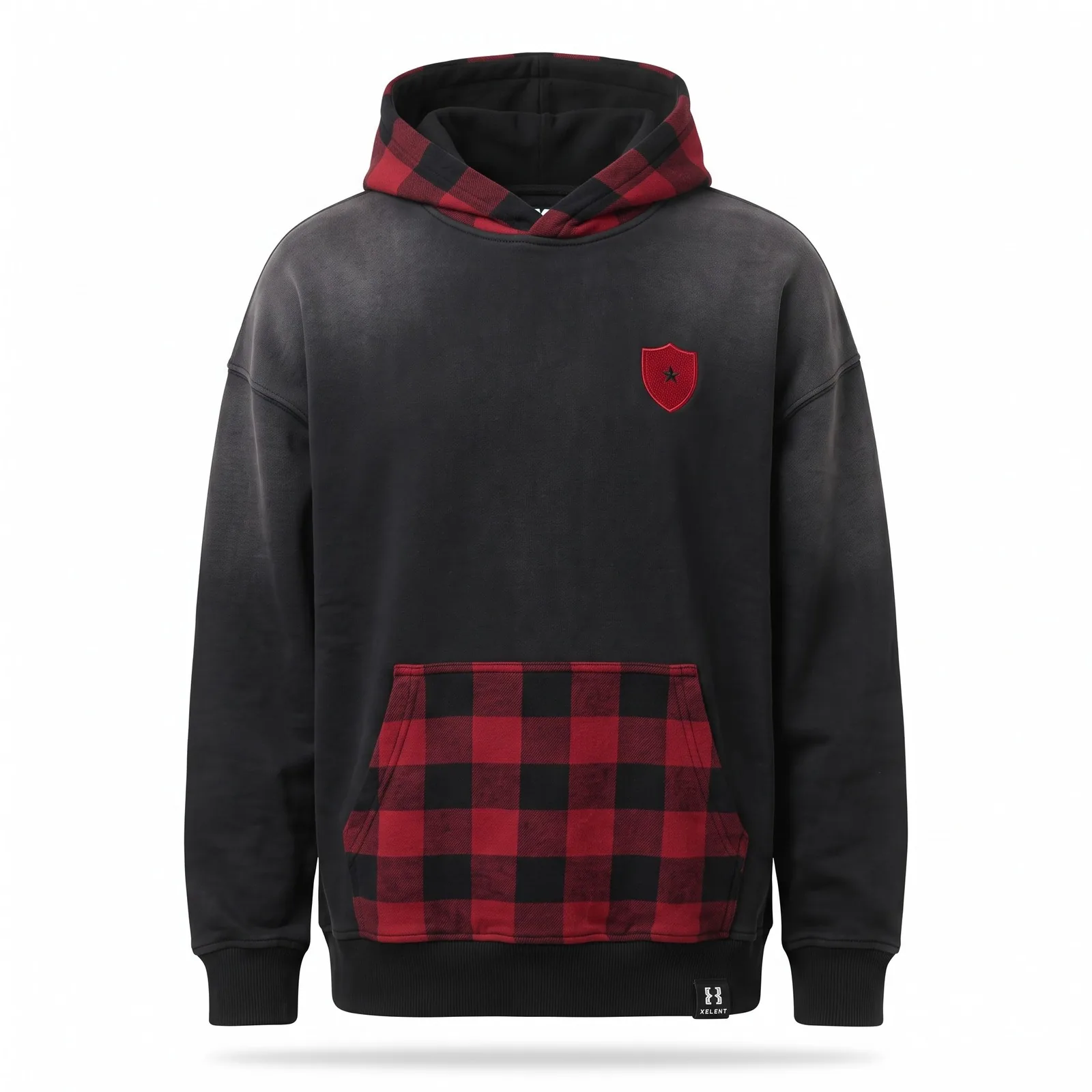 Custom Sun Faded Hoodie Plaid Flannel Hood 400 GSM Heavyweight Drop Shoulder Streetwear Hoodie OEM Wholesale — front view