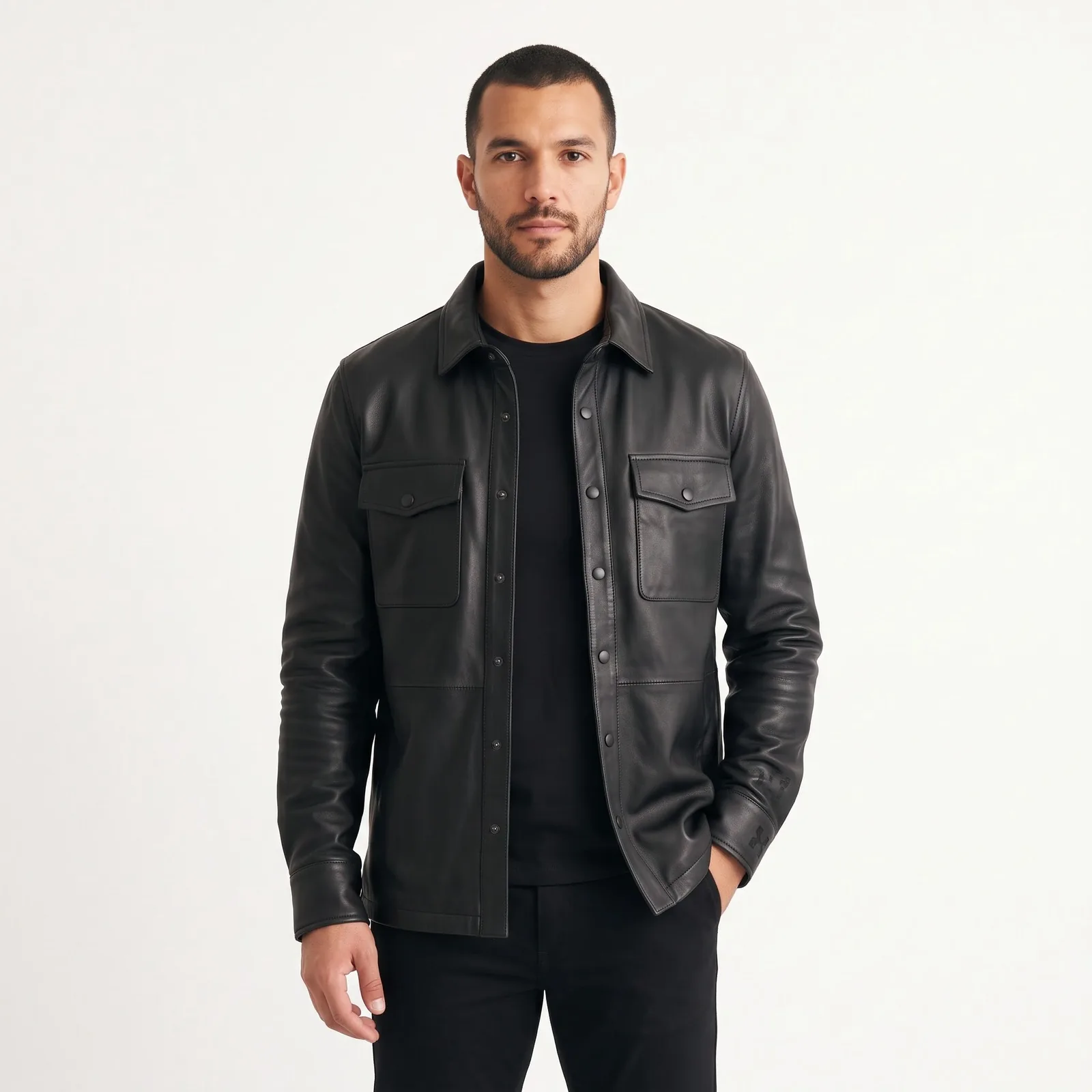 Men Leather Overshirt Lambskin Snap Front Chest Pockets Genuine Leather Shirt Jacket Custom Logo OEM Wholesale — front view