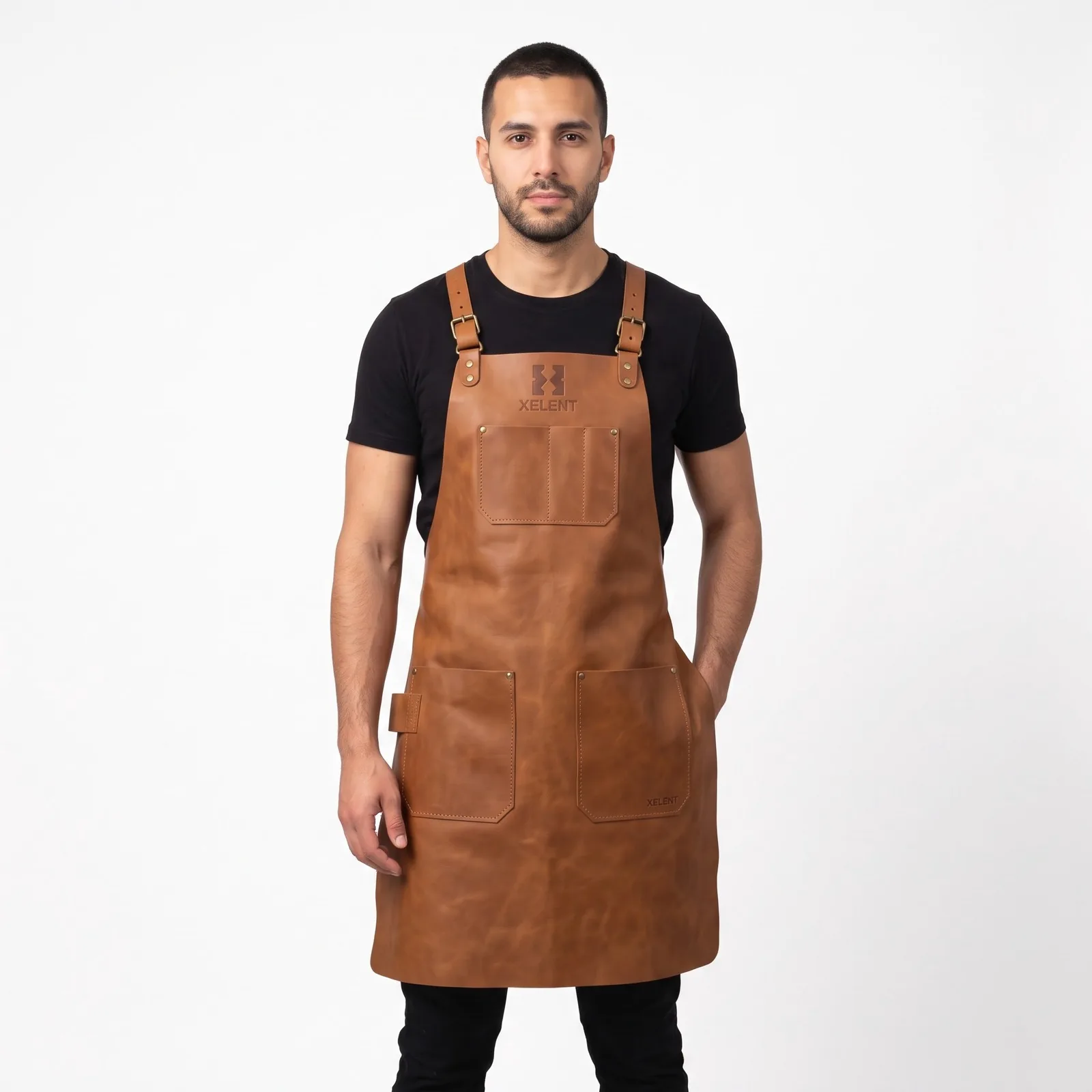 Full-Grain Leather Bib Apron Cowhide Leather Pockets Custom Logo OEM Wholesale — front view