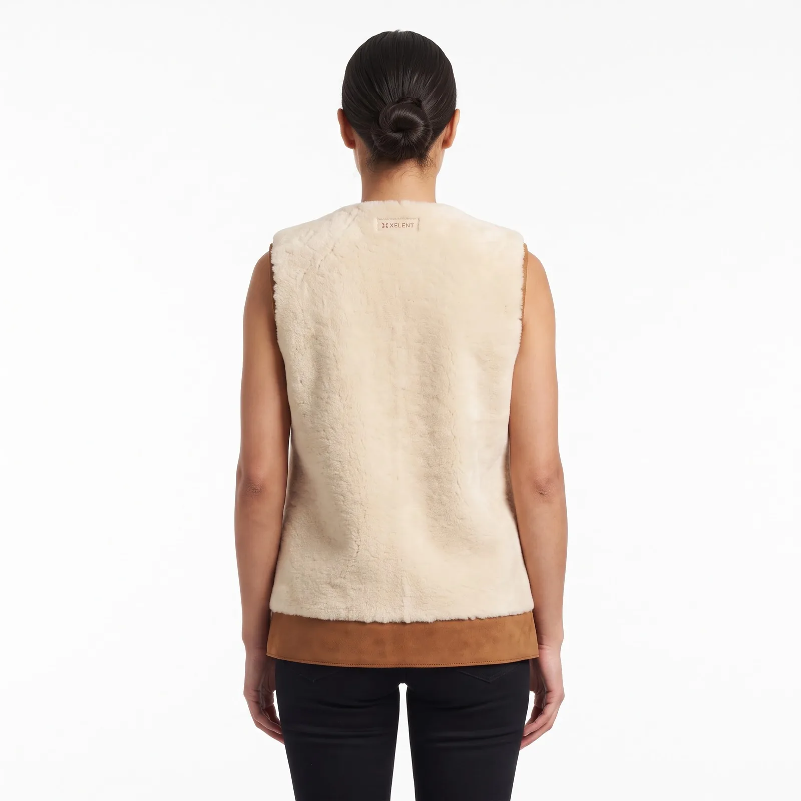 Women Shearling Gilet Genuine Sheepskin Vest Toggle Front Suede Trim Sleeveless Jacket Custom Logo OEM Wholesale — back view