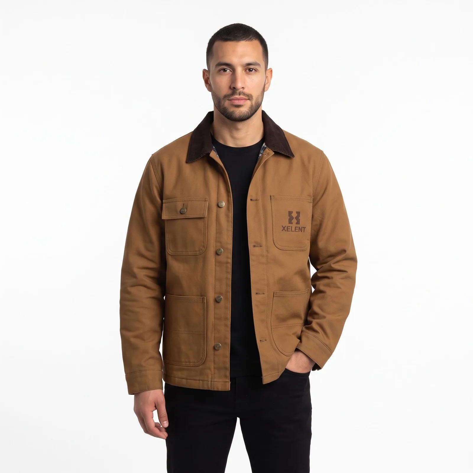 Duck Canvas Chore Jacket Cotton Canvas Pockets Embroidered Custom Logo OEM Wholesale — front view