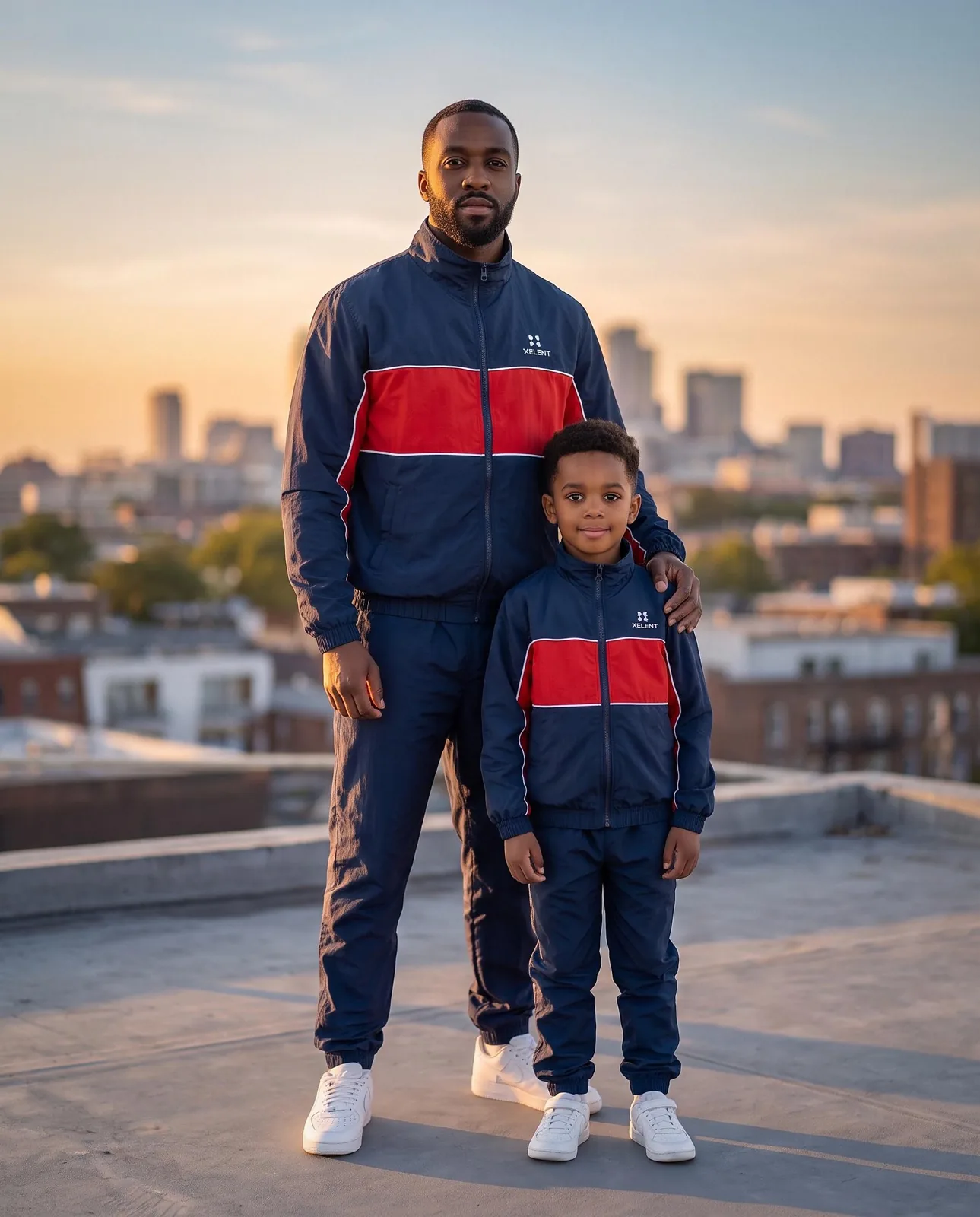 Navy and Red Father Son Matching Windbreaker Set, Custom OEM Family Matching Tracksuit, Wholesale Manufacturer — front view