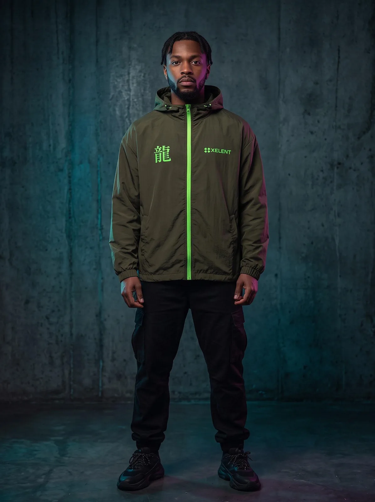Olive Cyberpunk Windbreaker, Custom OEM Oversized Nylon Jacket, Unisex Streetwear Manufacturer — front view