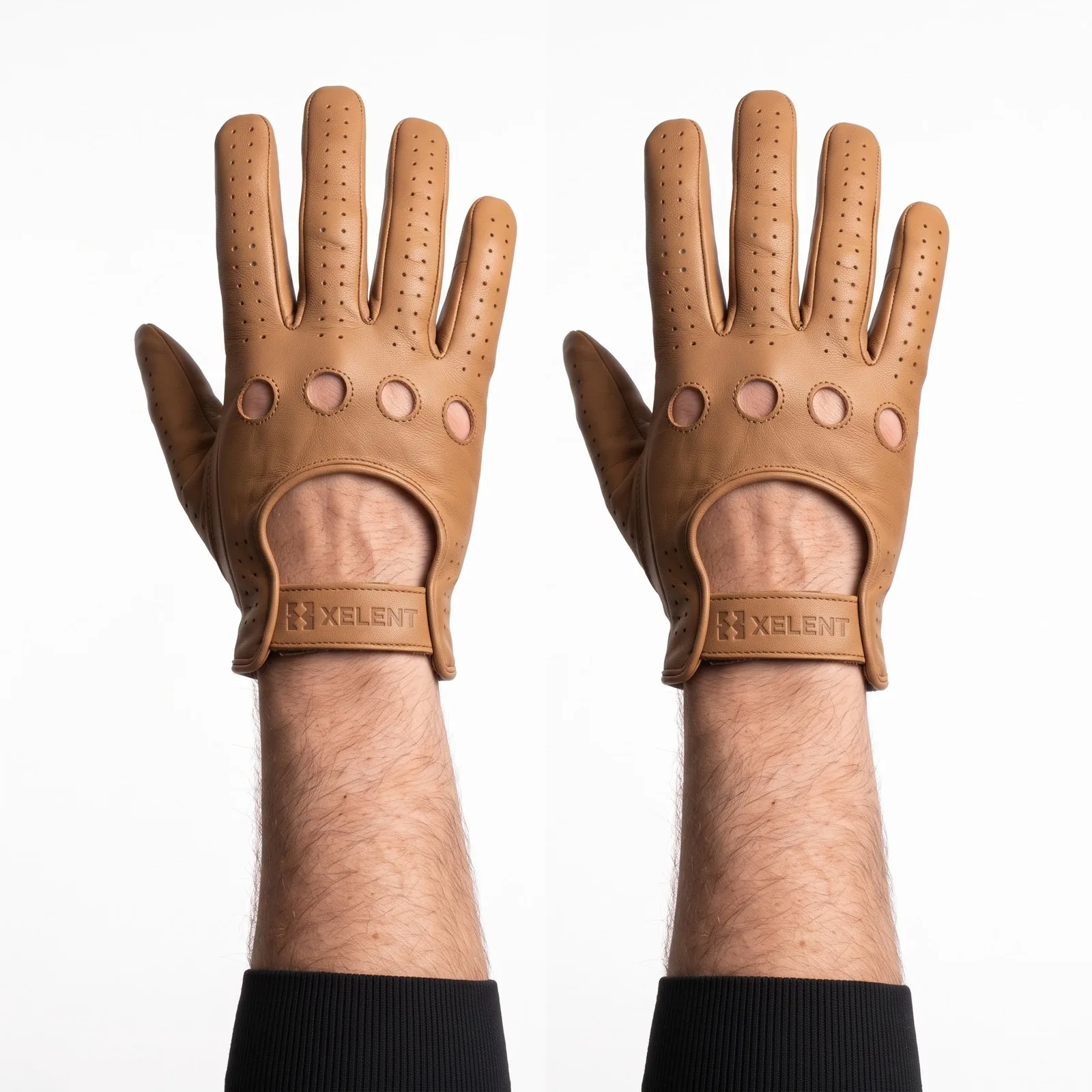 Men Leather Driving Gloves Lambskin Perforated Knuckle Cutout Snap Wrist Unlined Gloves Custom Logo OEM Wholesale — front view