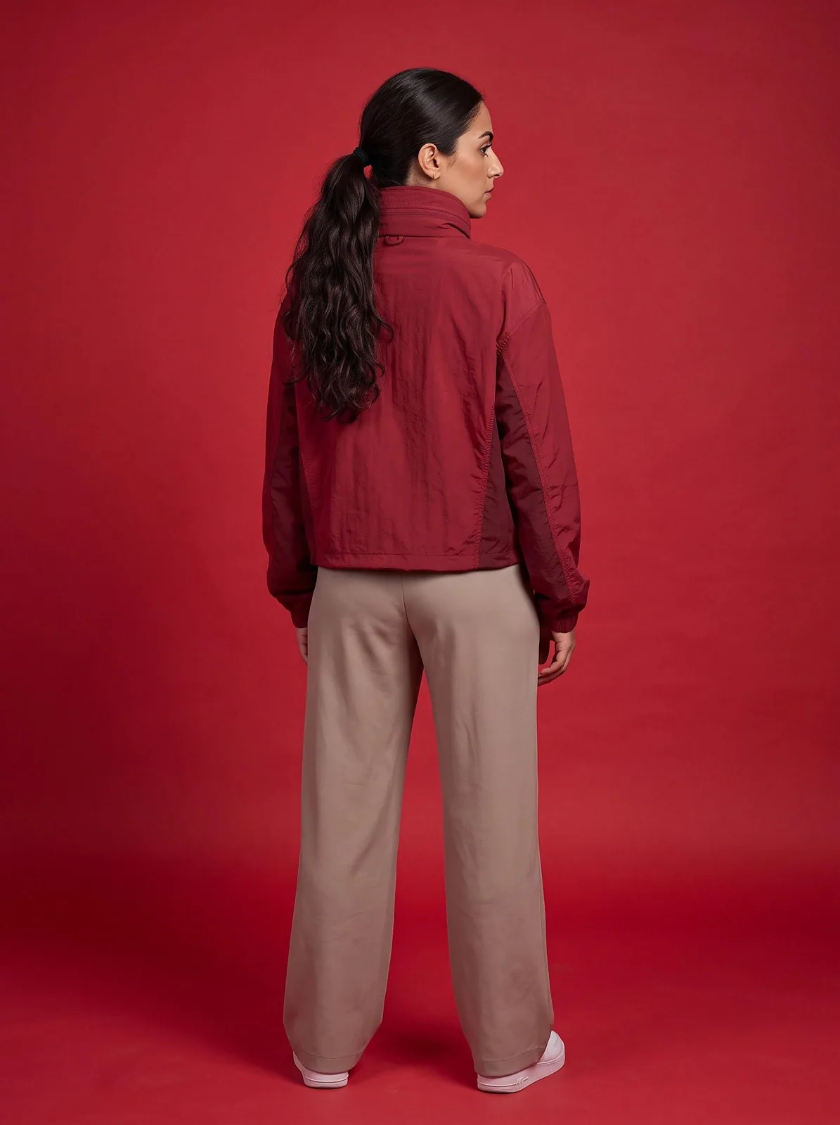 Cherry Red Cropped Windbreaker, Custom OEM Oversized Nylon Jacket, Unisex Streetwear Manufacturer — back view