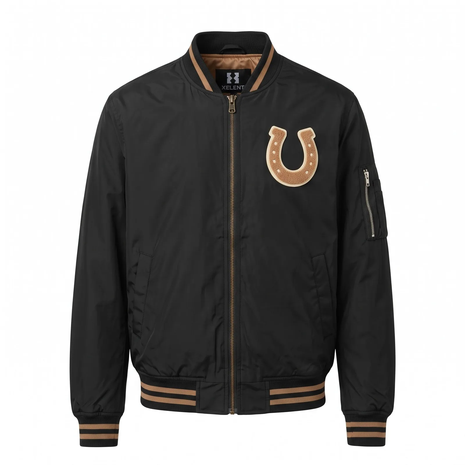 Custom Nylon Bomber Jacket Chenille Patch Horseshoe Satin Lined Rodeo Western Streetwear Jacket OEM Wholesale — front view