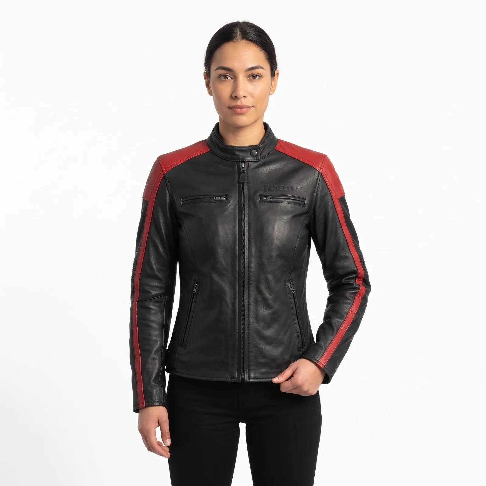 Women Motorcycle Leather Jacket Cowhide Fitted Stretch Panels Armour Pockets Riding Jacket Custom Logo OEM — front view