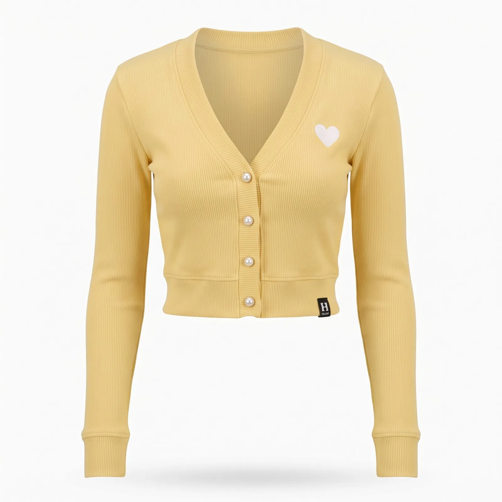 Custom Women Micro Cardigan Cropped Rib Knit Pearl Button Embroidered Heart Y2K Cardigan OEM Wholesale — front view