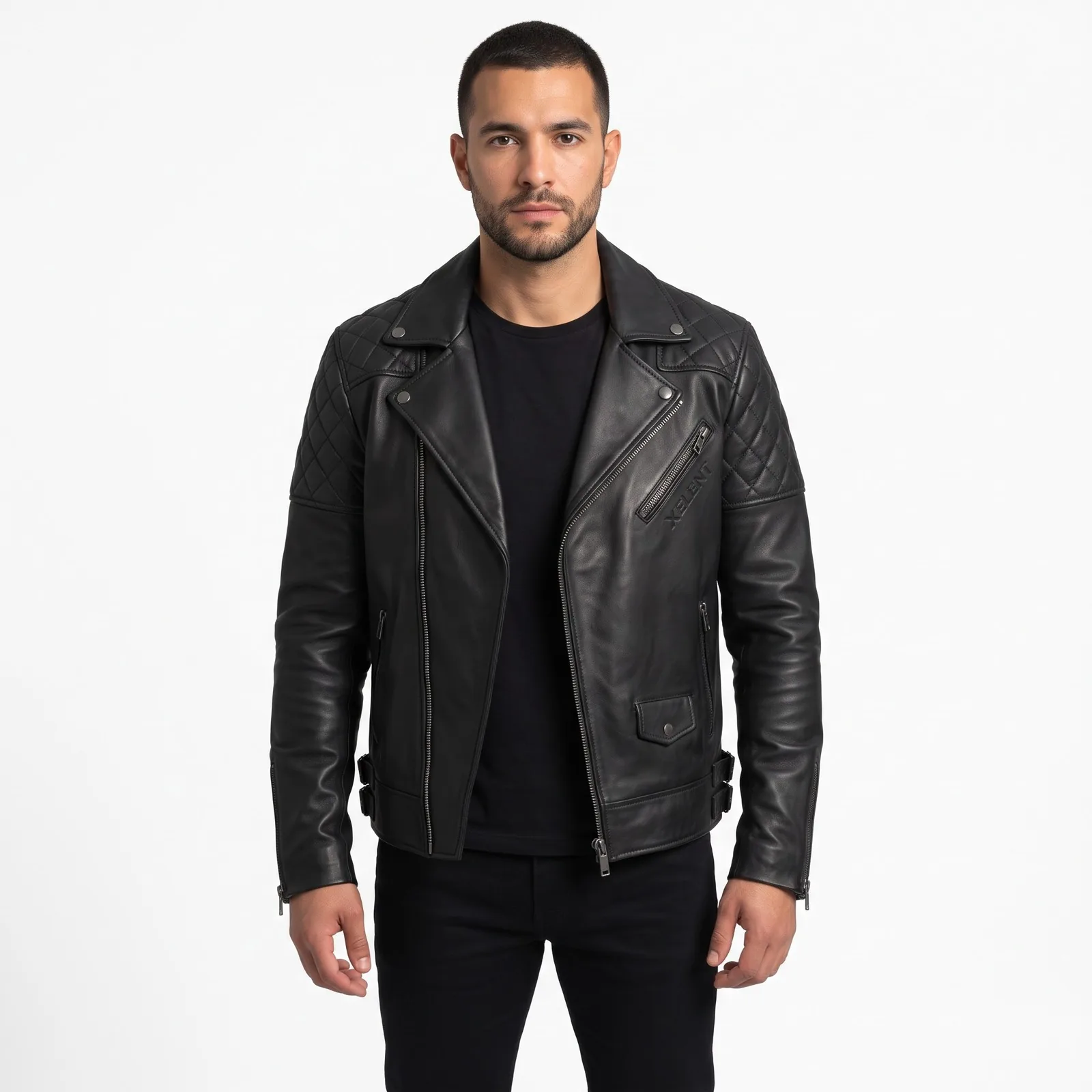 Lambskin Leather Biker Jacket Men Asymmetric Zip Quilted Shoulders Genuine Leather Motorcycle Style Jacket Custom Logo OEM — front view
