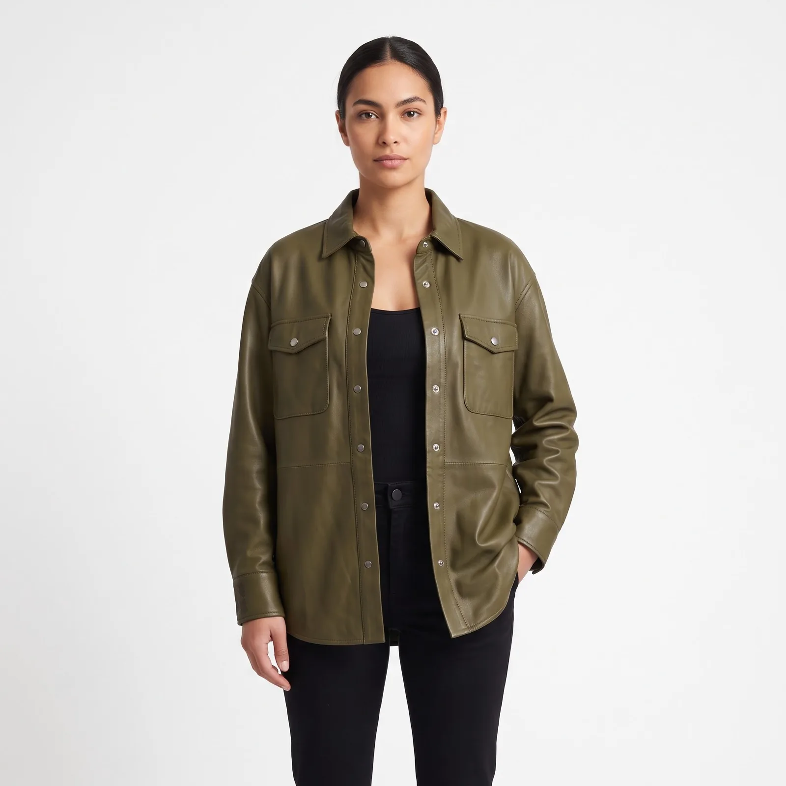 Women Leather Overshirt Lambskin Snap Front Chest Pockets Genuine Leather Shirt Custom Logo OEM Wholesale — front view