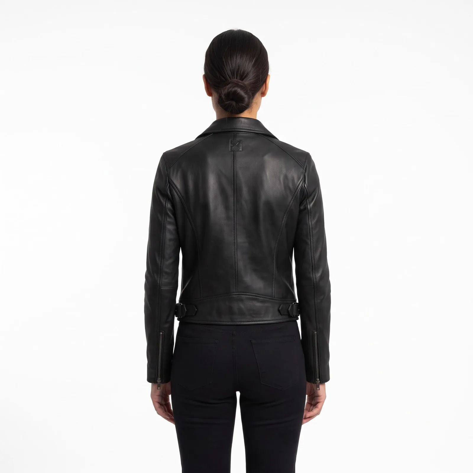 Women Leather Jacket Cropped Biker Genuine Lambskin Asymmetric Zip Moto Jacket Custom Logo OEM Wholesale — back view