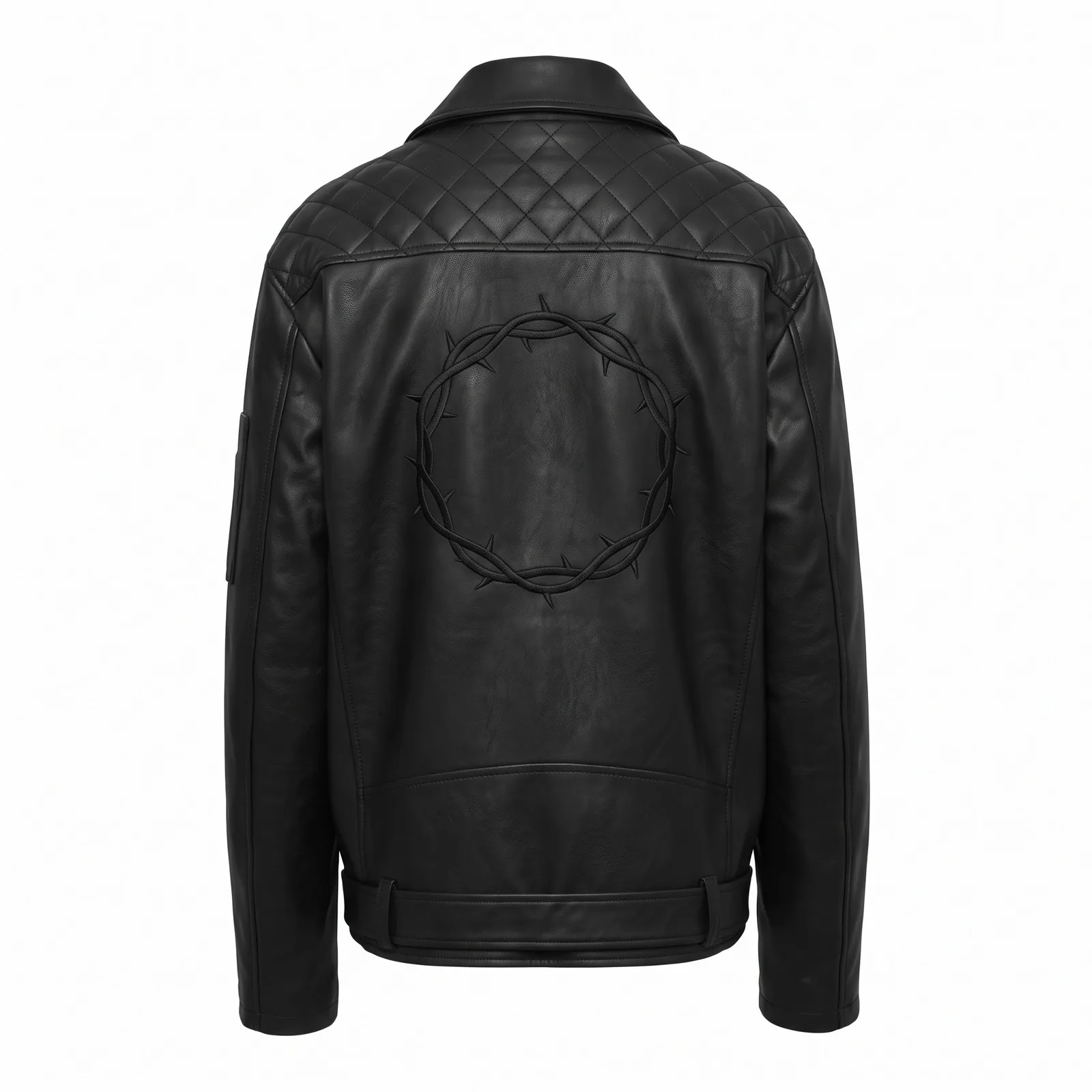 Custom Oversized PU Leather Jacket Asymmetric Zip Quilted Shoulder Belted Hem Satin Lined OEM Wholesale — back view