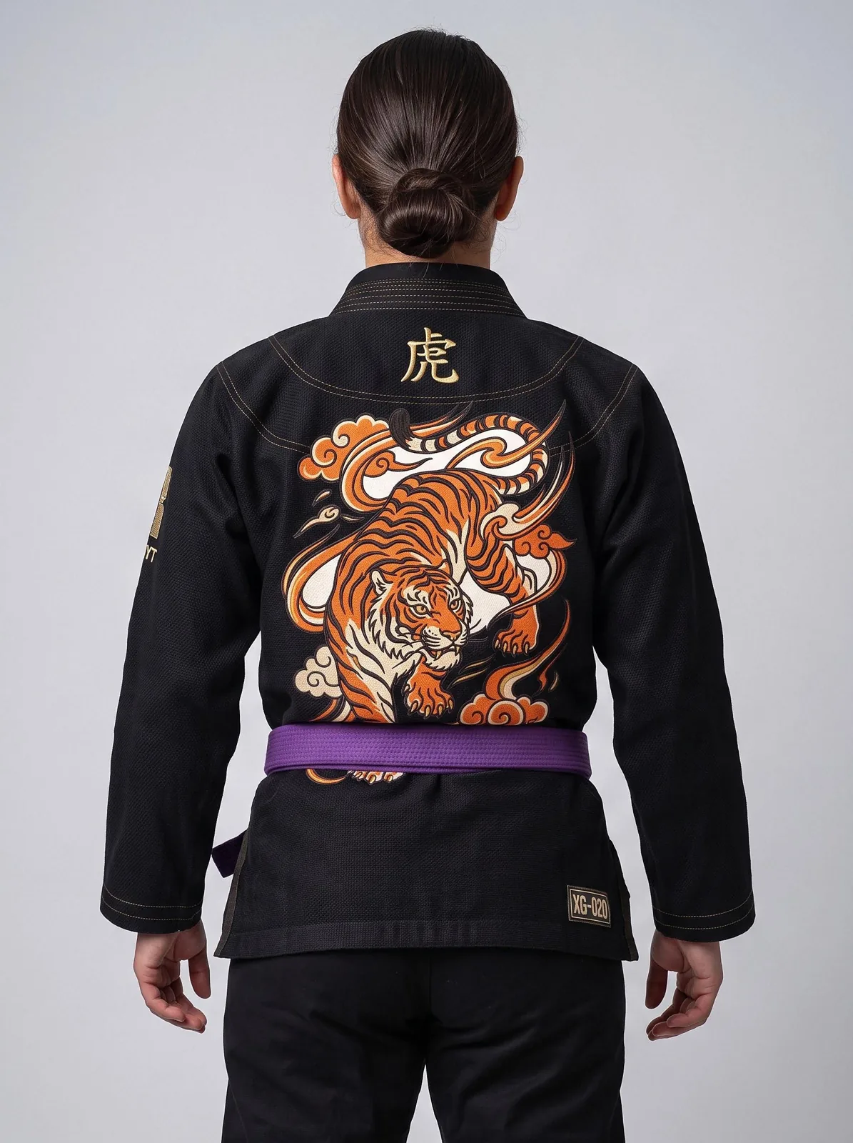 Black BJJ Gi, Japanese Tiger Tattoo Embroidery, Custom OEM 450 GSM Pearl Weave Jiu Jitsu Kimono, Wholesale Manufacturer — back view