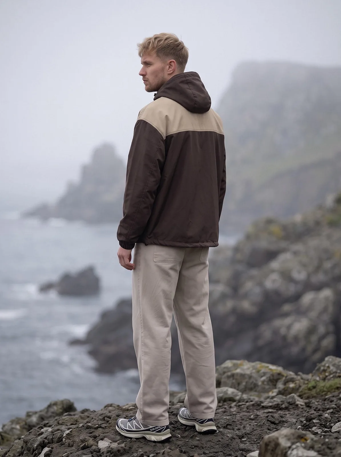 Espresso Brown and Sand Hooded Anorak, Custom Logo OEM Ripstop Anorak, Unisex Streetwear Factory — back view