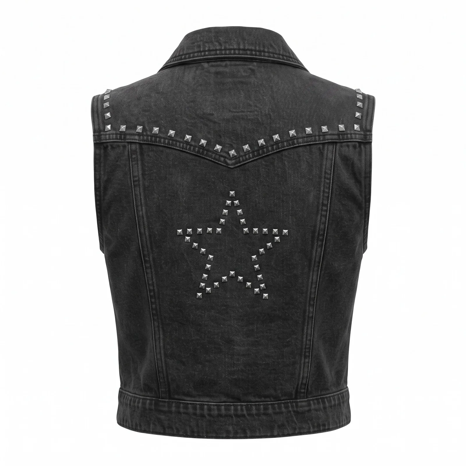 Custom Women Studded Denim Vest Cropped Black Wash 12 oz Pyramid Studs Western Vest OEM Wholesale — back view