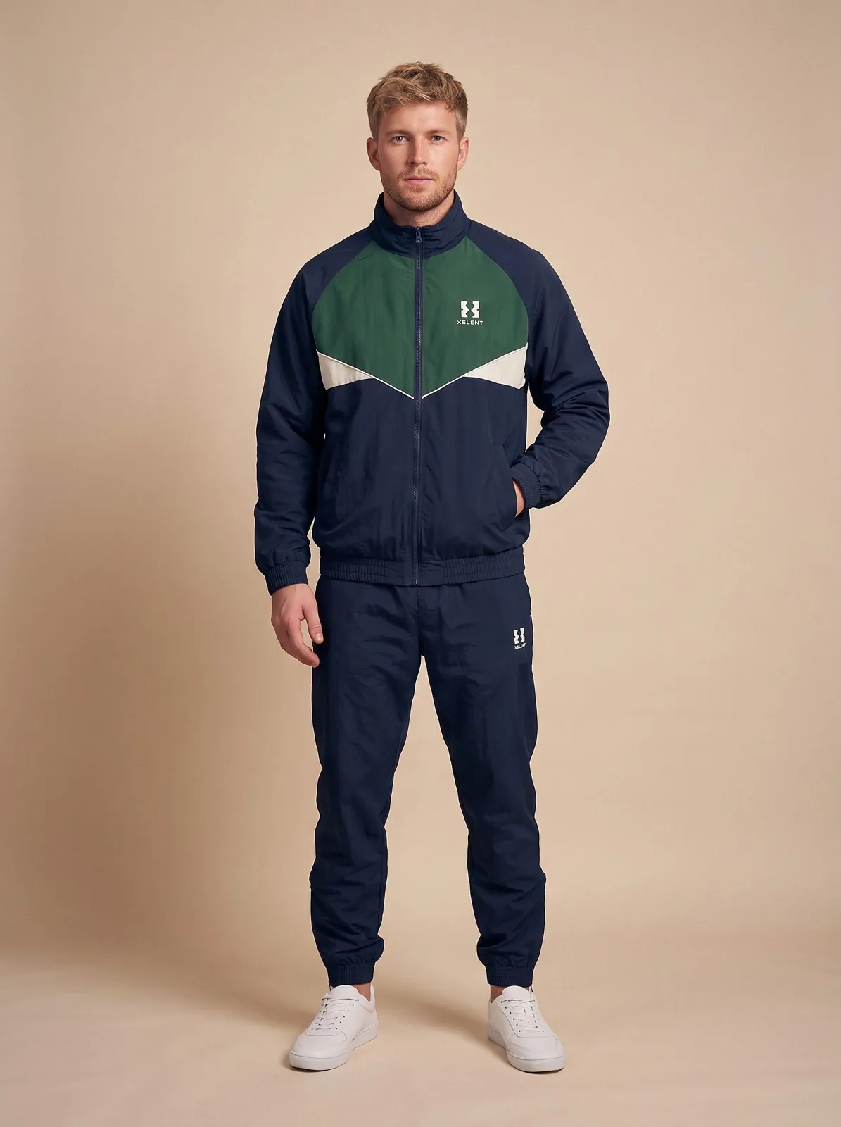 Navy and Green Windbreaker Set, Custom Logo OEM Nylon Jacket and Pants Tracksuit, Unisex Manufacturer — front view