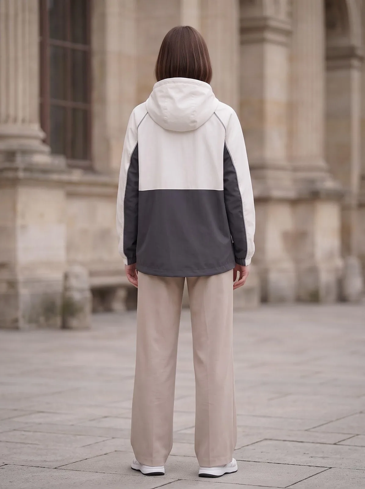Soft White and Charcoal Longline Anorak, Custom Logo OEM Ripstop Anorak, Unisex Streetwear Factory — back view