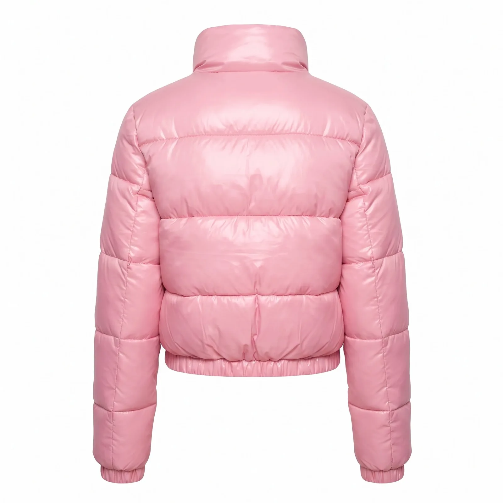 Custom Women Cropped Puffer Jacket Glossy Nylon Quilted Rhinestone Heart Satin Lined Y2K OEM Wholesale — back view