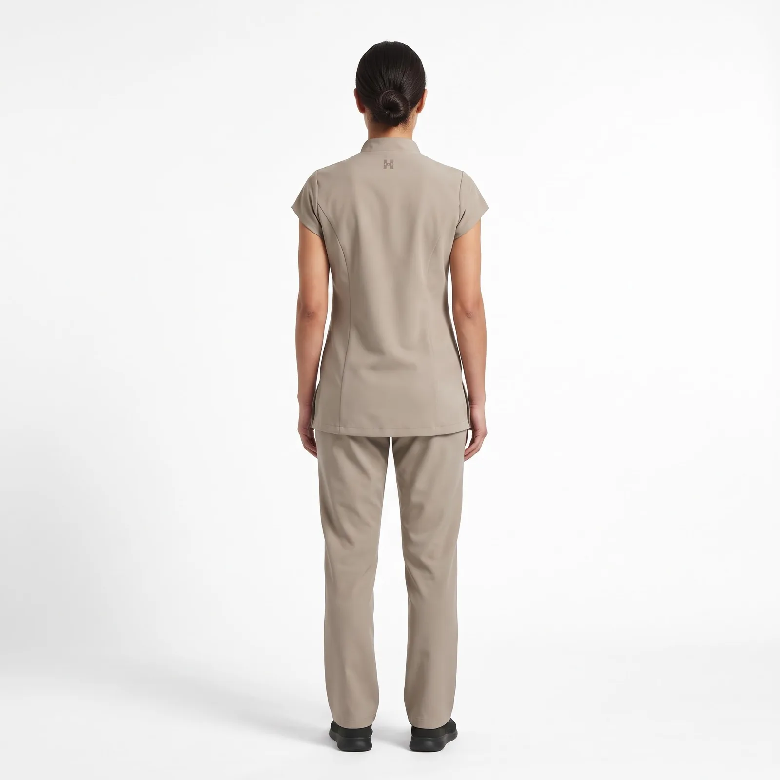 Spa Therapist Tunic Set, Mandarin Collar Stretch Zip Pockets Embroidered Custom Logo OEM Wholesale — back view