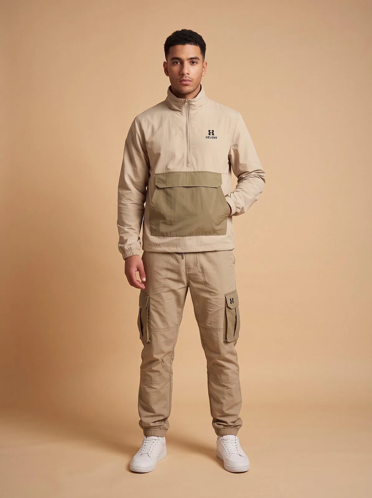 Sand and Khaki Windbreaker Set, Custom Logo OEM Nylon Jacket and Pants Tracksuit, Unisex Manufacturer — front view
