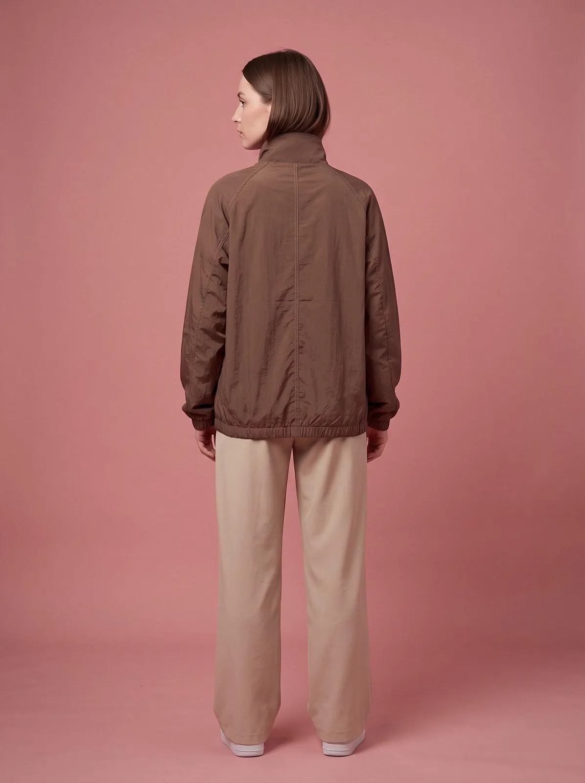 Mocha Cropped Track Jacket, Custom OEM Oversized Nylon Jacket, Unisex Streetwear Manufacturer — back view