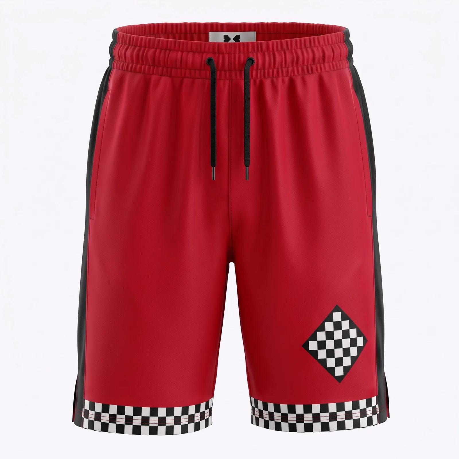 Custom Racing Shorts Sublimated Chequered Hem Band Polyester Mesh Panel Streetwear Shorts OEM Wholesale — front view