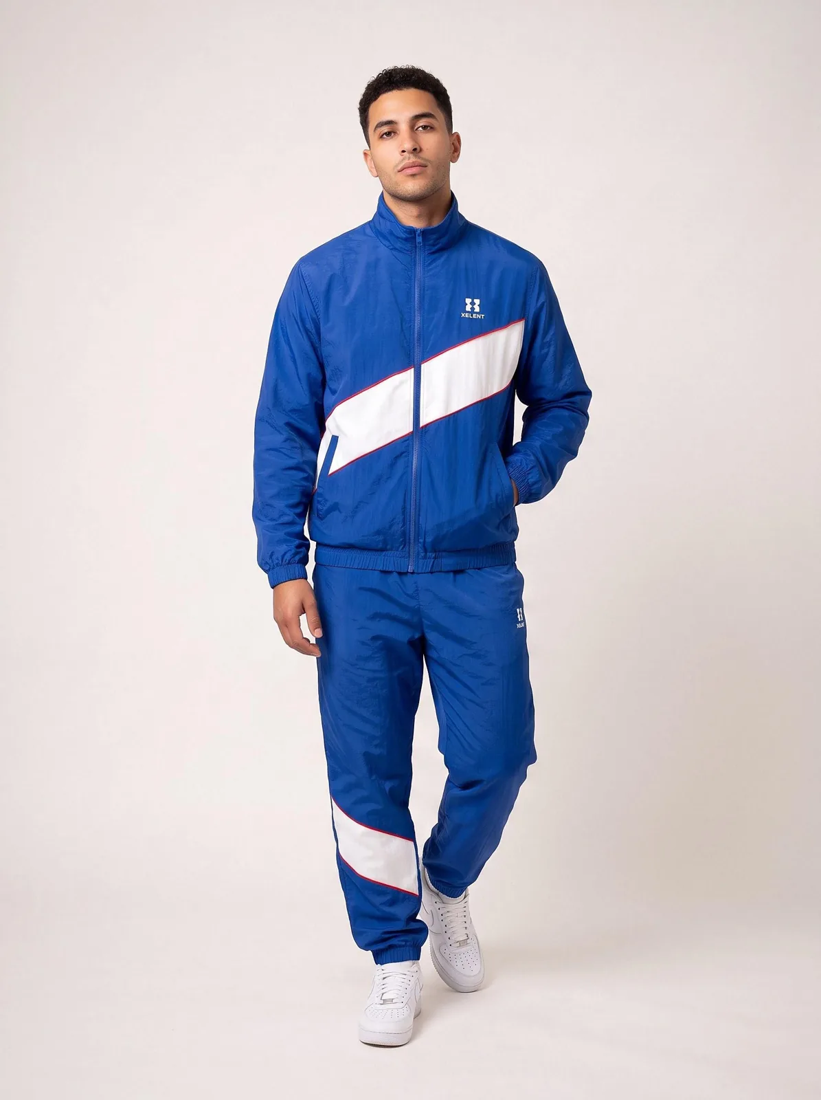 Cobalt Blue and White Windbreaker Set, Custom Logo OEM Nylon Jacket and Pants Tracksuit, Unisex Manufacturer — front view