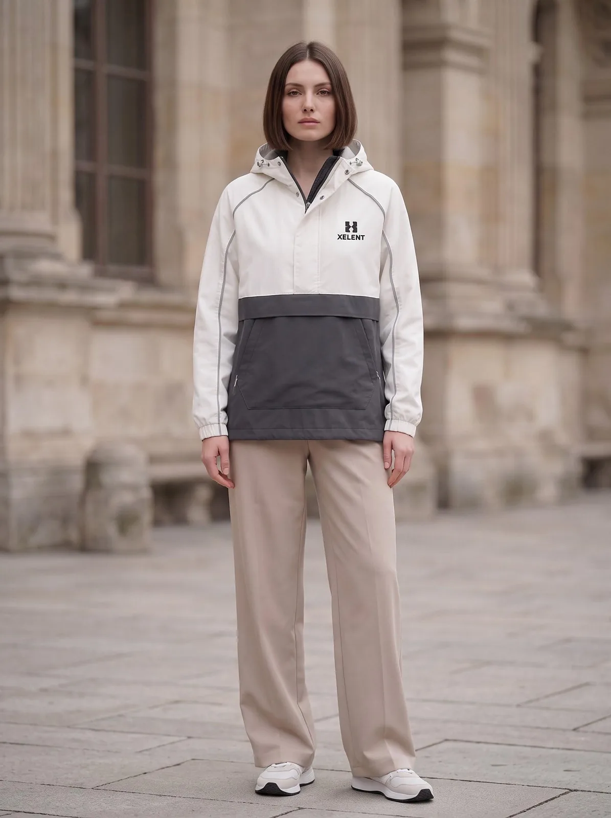 Soft White and Charcoal Longline Anorak, Custom Logo OEM Ripstop Anorak, Unisex Streetwear Factory — front view