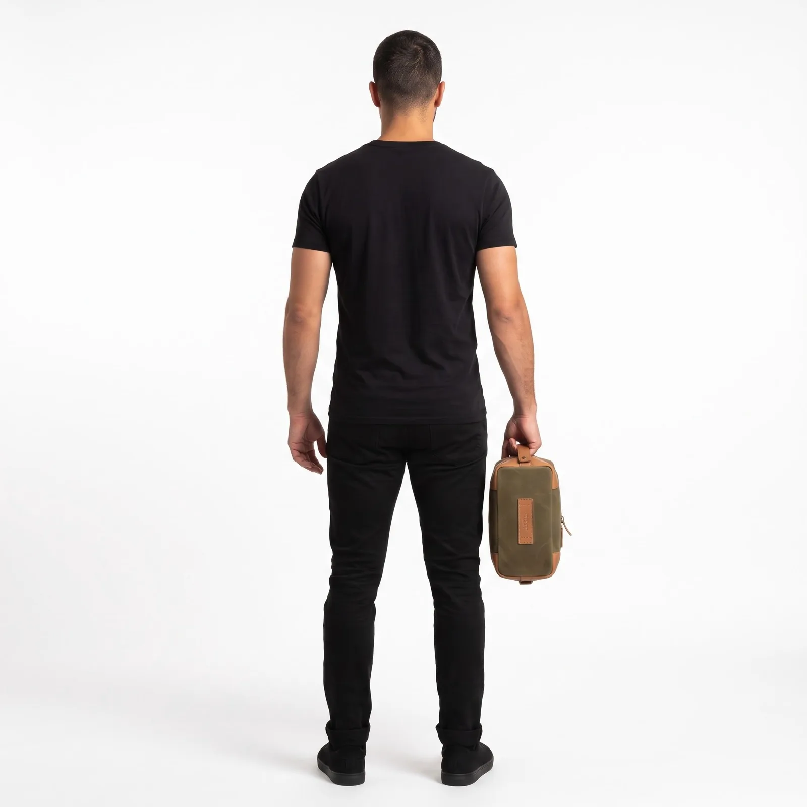 Waxed Canvas and Leather Dopp Kit Cowhide Leather Zip Pockets Custom Logo OEM Wholesale — back view