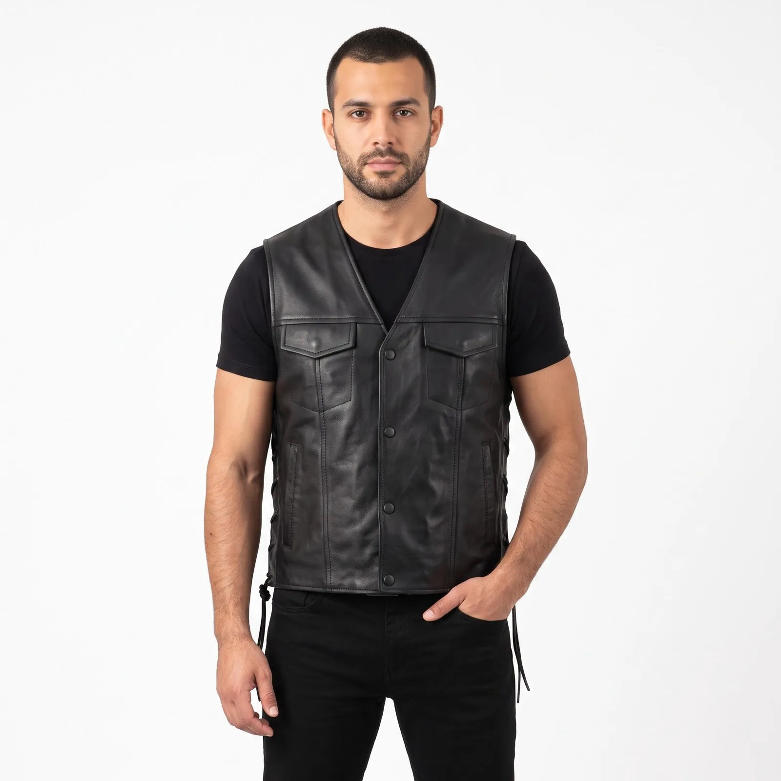 Leather Vest Men Biker Cowhide Snap Front Side Lacing Genuine Leather Motorcycle Vest Custom Logo OEM Wholesale — front view