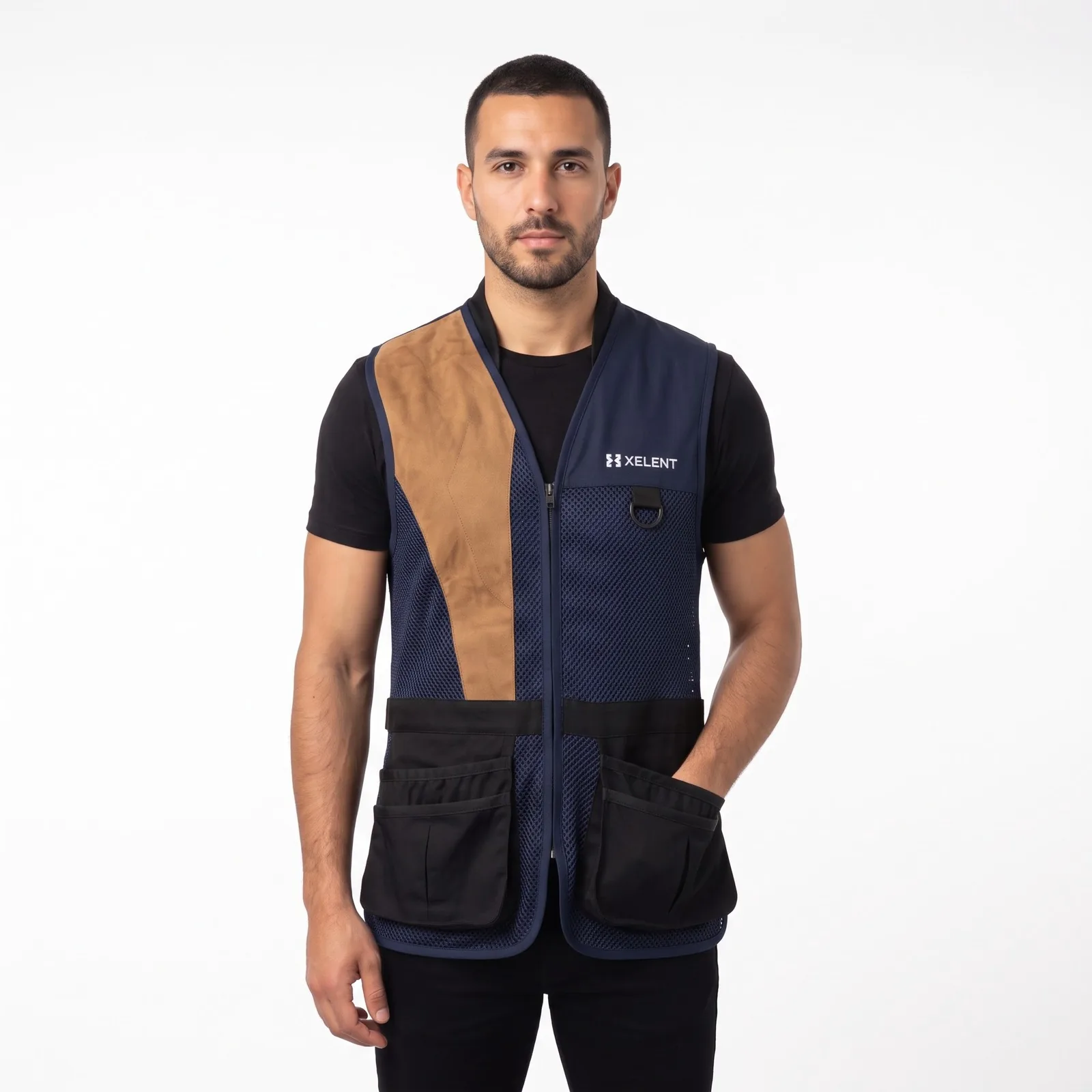 Clay Shooting Vest Suede Zip Pockets Embroidered Custom Logo OEM Wholesale — front view