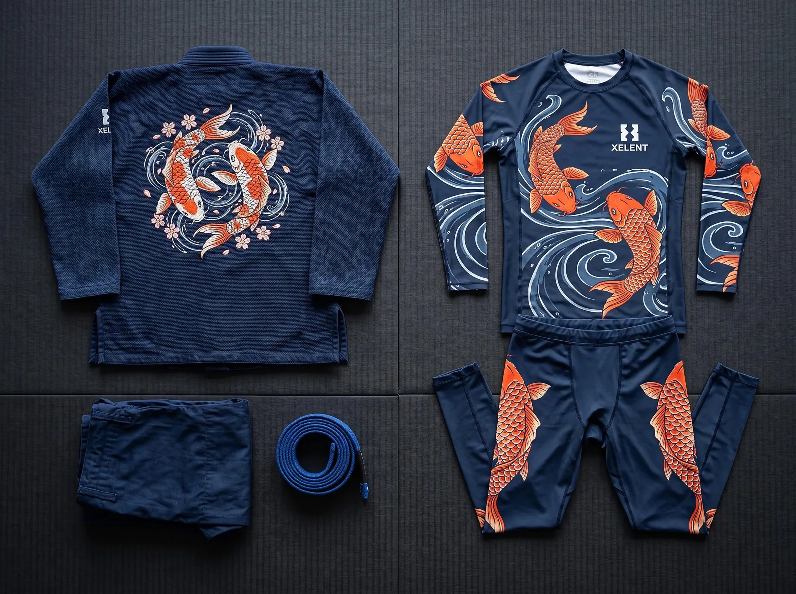 Navy Koi BJJ Gi and No Gi Set, Custom OEM Embroidered Gi plus Sublimated Rashguard and Spats, Wholesale — front view