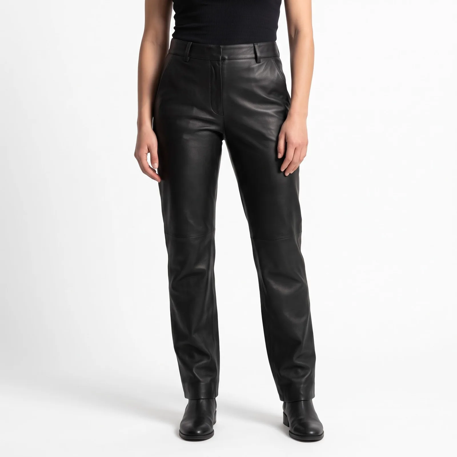Leather Pants Women Straight Leg Genuine Lambskin High Rise Pressed Crease Trousers Custom Logo OEM Wholesale — front view