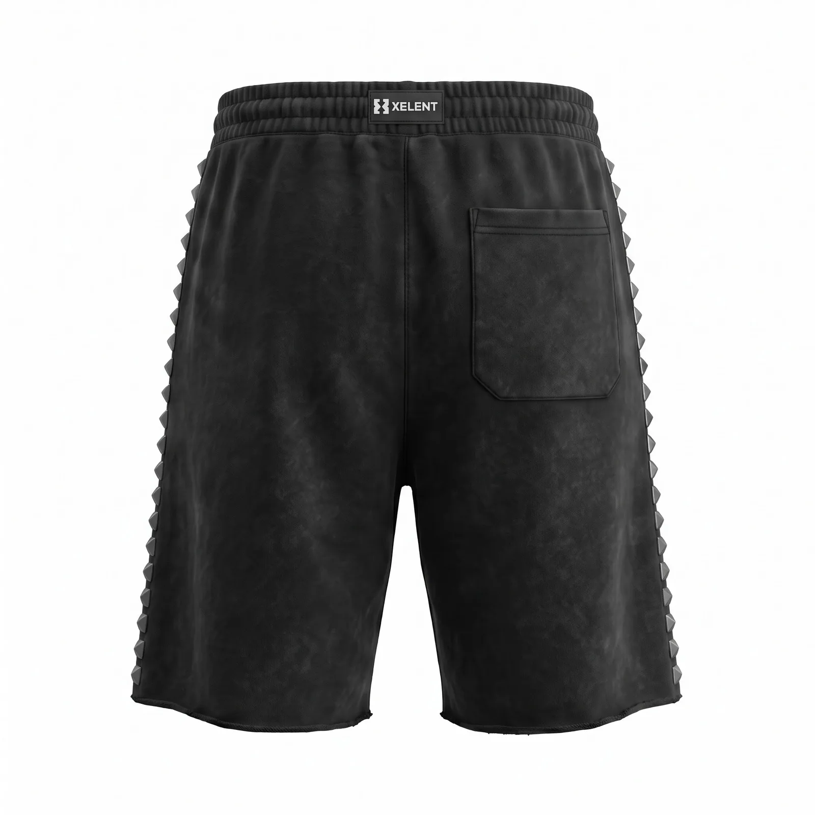 Custom Studded Fleece Shorts 400 GSM Mineral Wash Pyramid Stud Side Seam Raw Hem Streetwear OEM Wholesale — back view