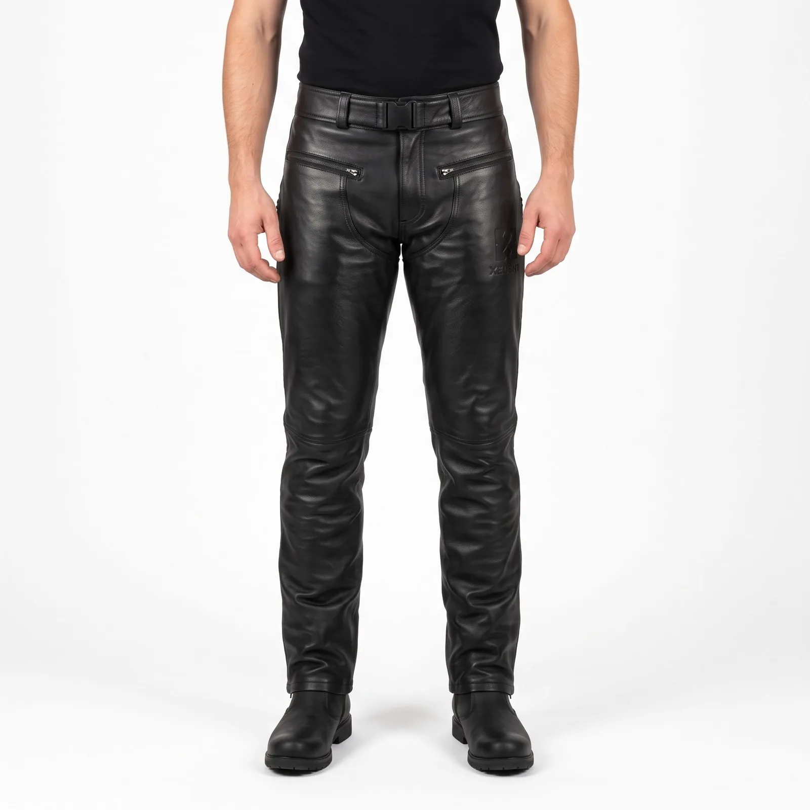 Leather Chaps Motorcycle Cowhide Full Length Leg Zips Lace Up Back Riding Chaps Custom Logo OEM Wholesale — front view