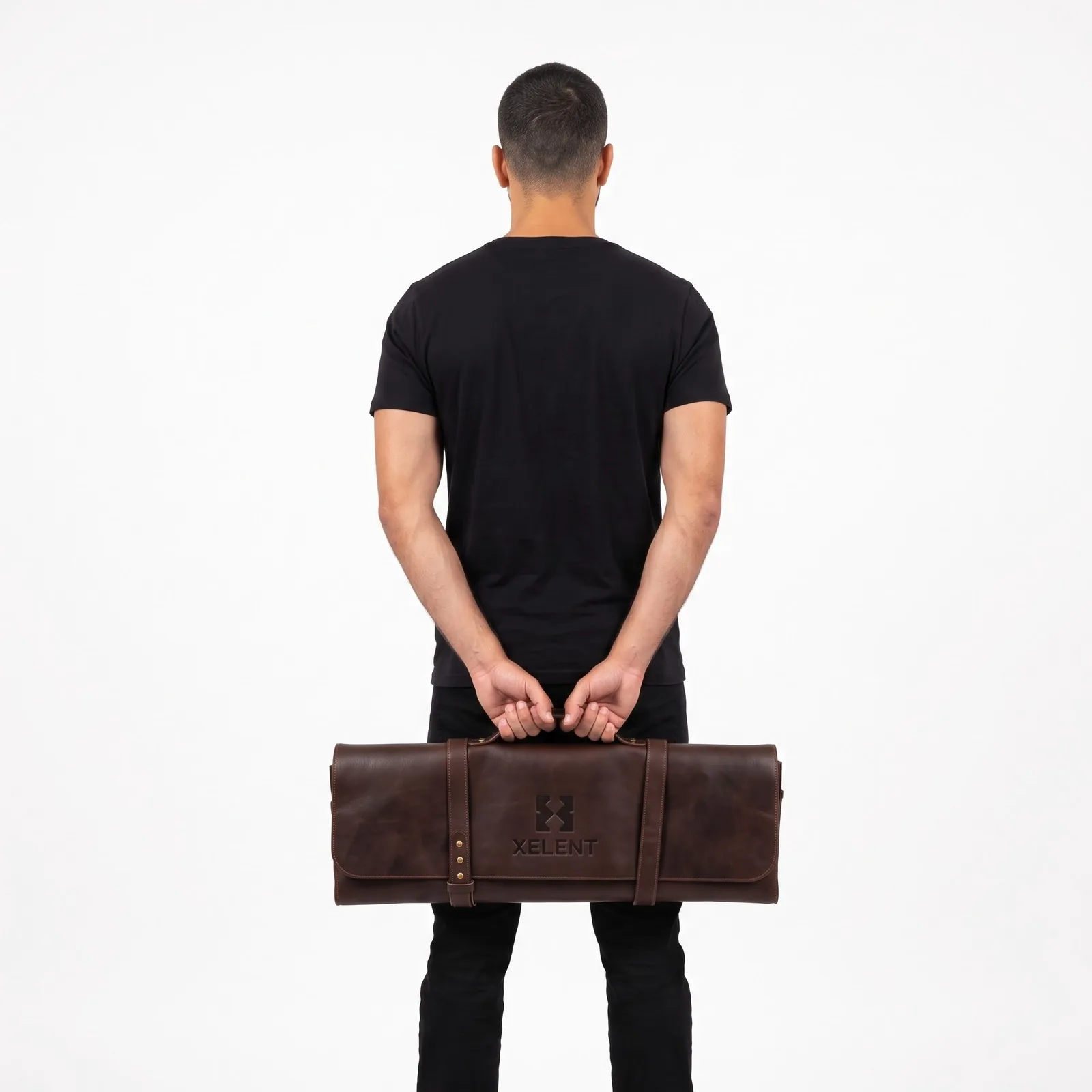 Full-Grain Leather Chef Knife Roll Cowhide Leather Zip Pockets Custom Logo OEM Wholesale — back view