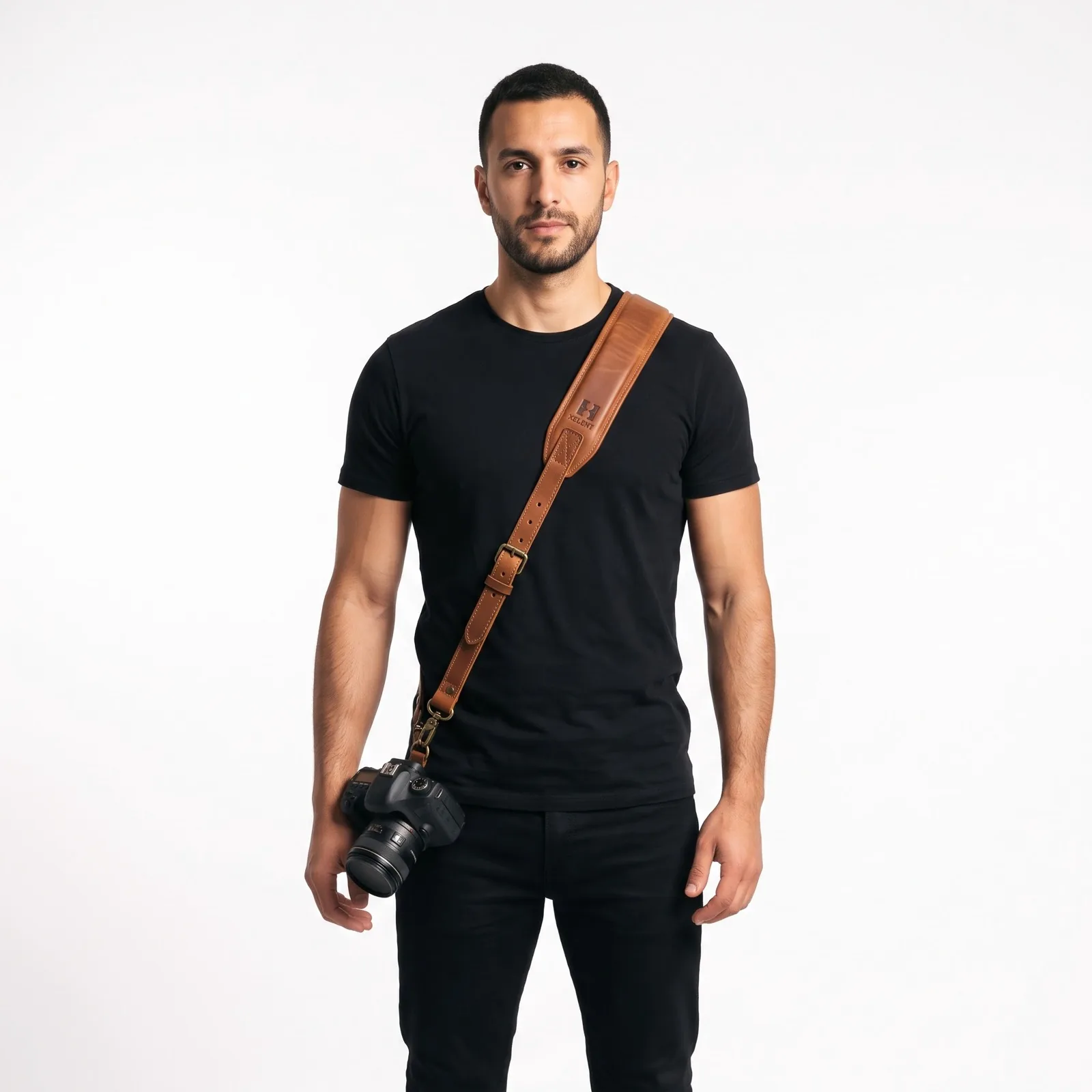 Full-Grain Leather Camera Strap Cowhide Leather Lined Custom Logo OEM Wholesale — front view